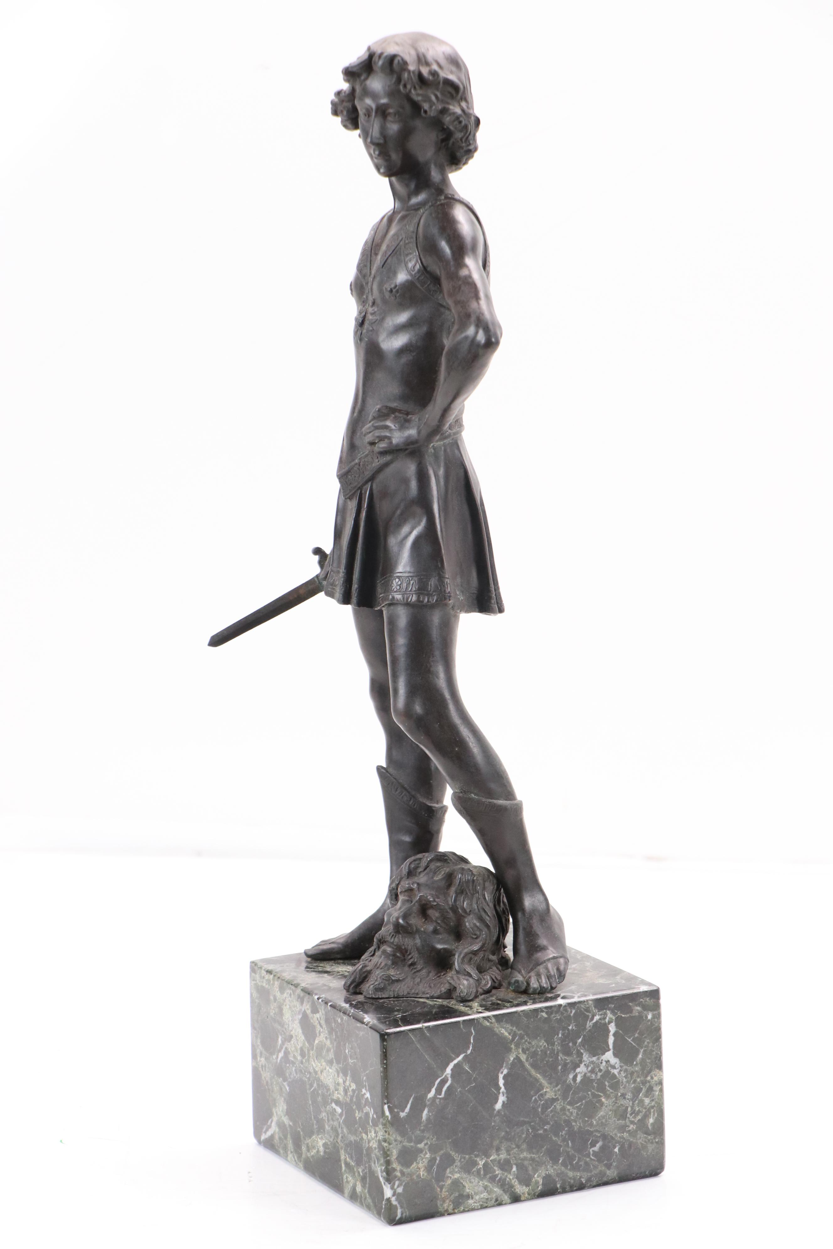 After Andrea del Verrocchio "David" Patinated Cast Bronze Sculpture