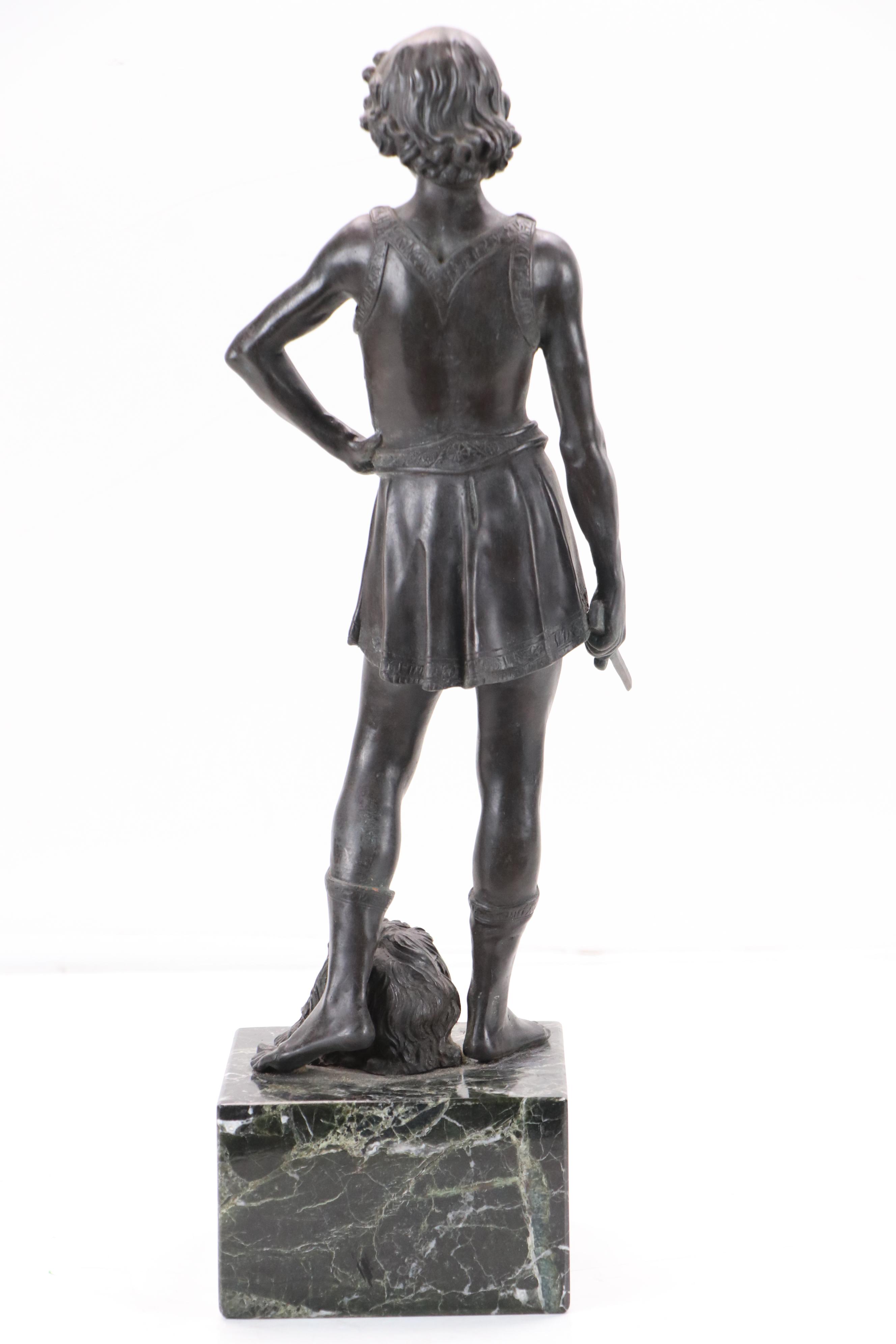 After Andrea del Verrocchio "David" Patinated Cast Bronze Sculpture
