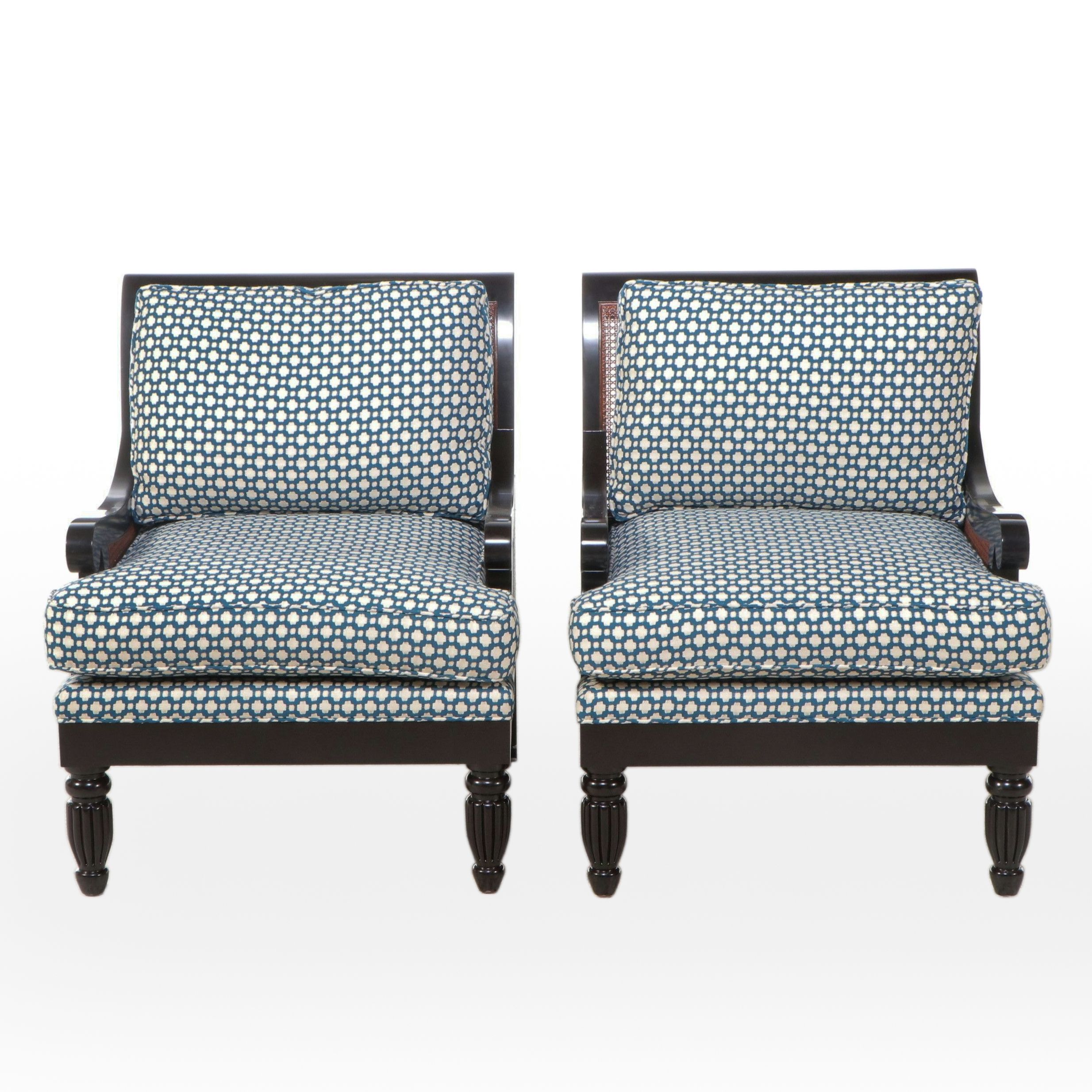 Pair of Empire Style Upholstered Ebonized Wood and Caned Armchairs