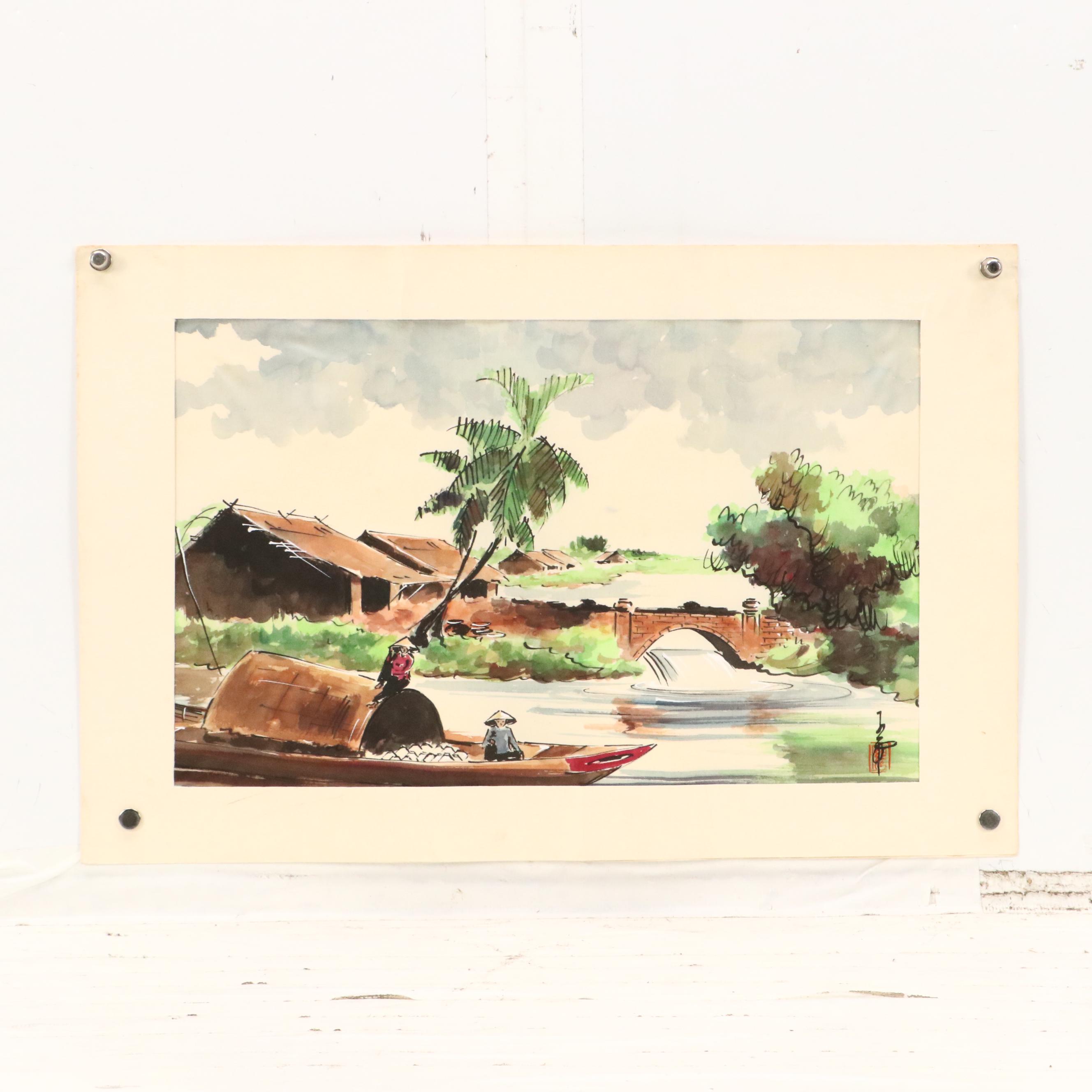 East Asian Watercolor Landscape Paintings, 20th Century