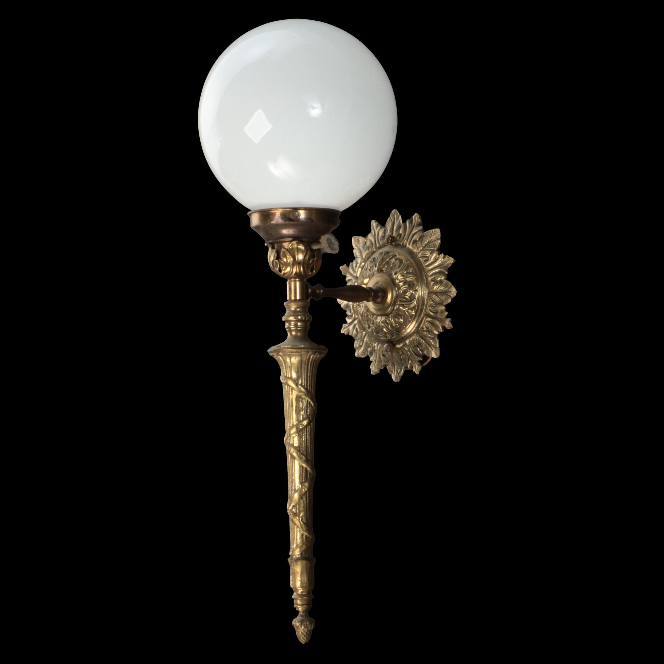 Empire Style Brass Torchère Wall Sconce with Milk Glass Globe