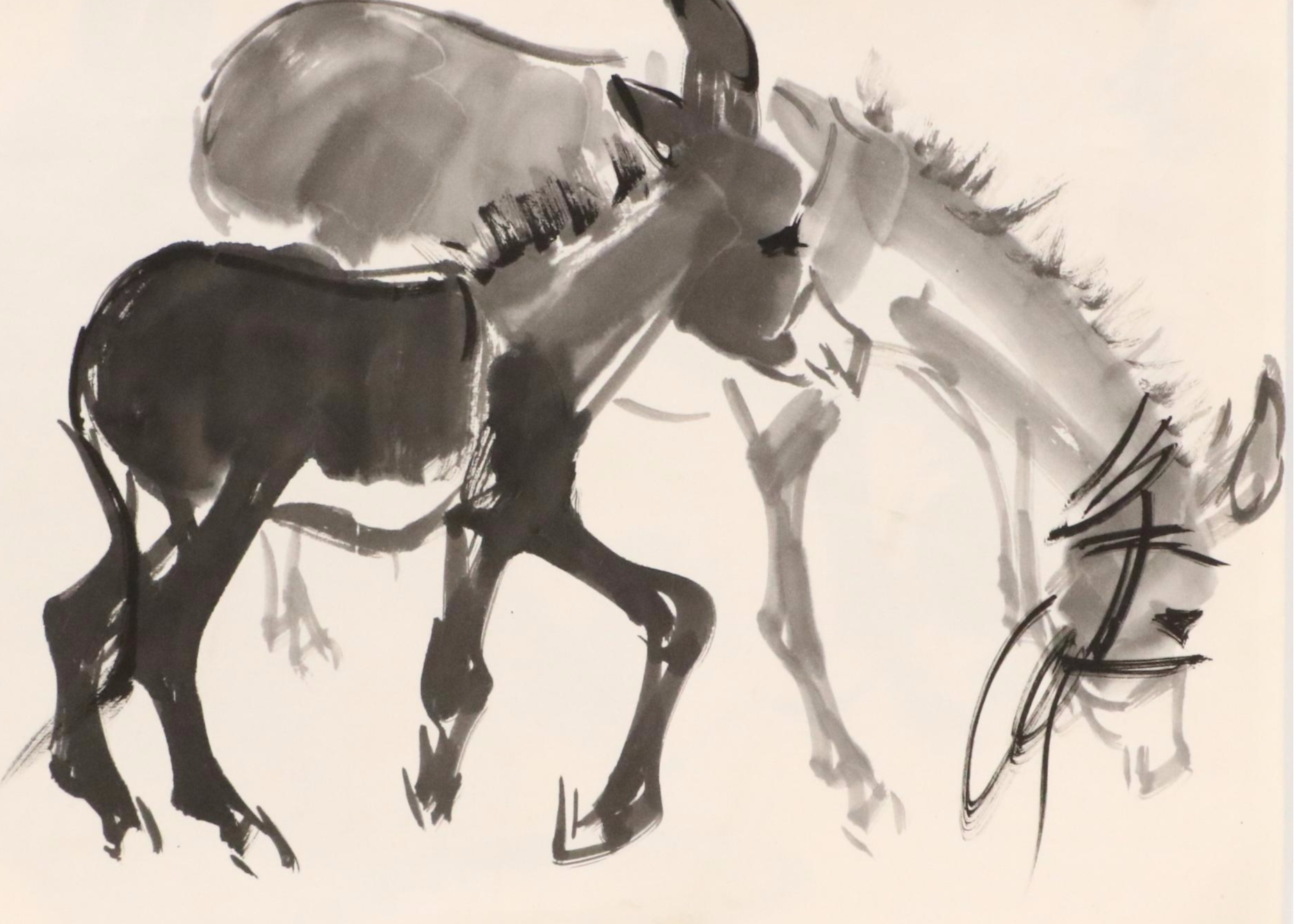 Three East Asian Ink Wash Paintings of Mules, 20th Century