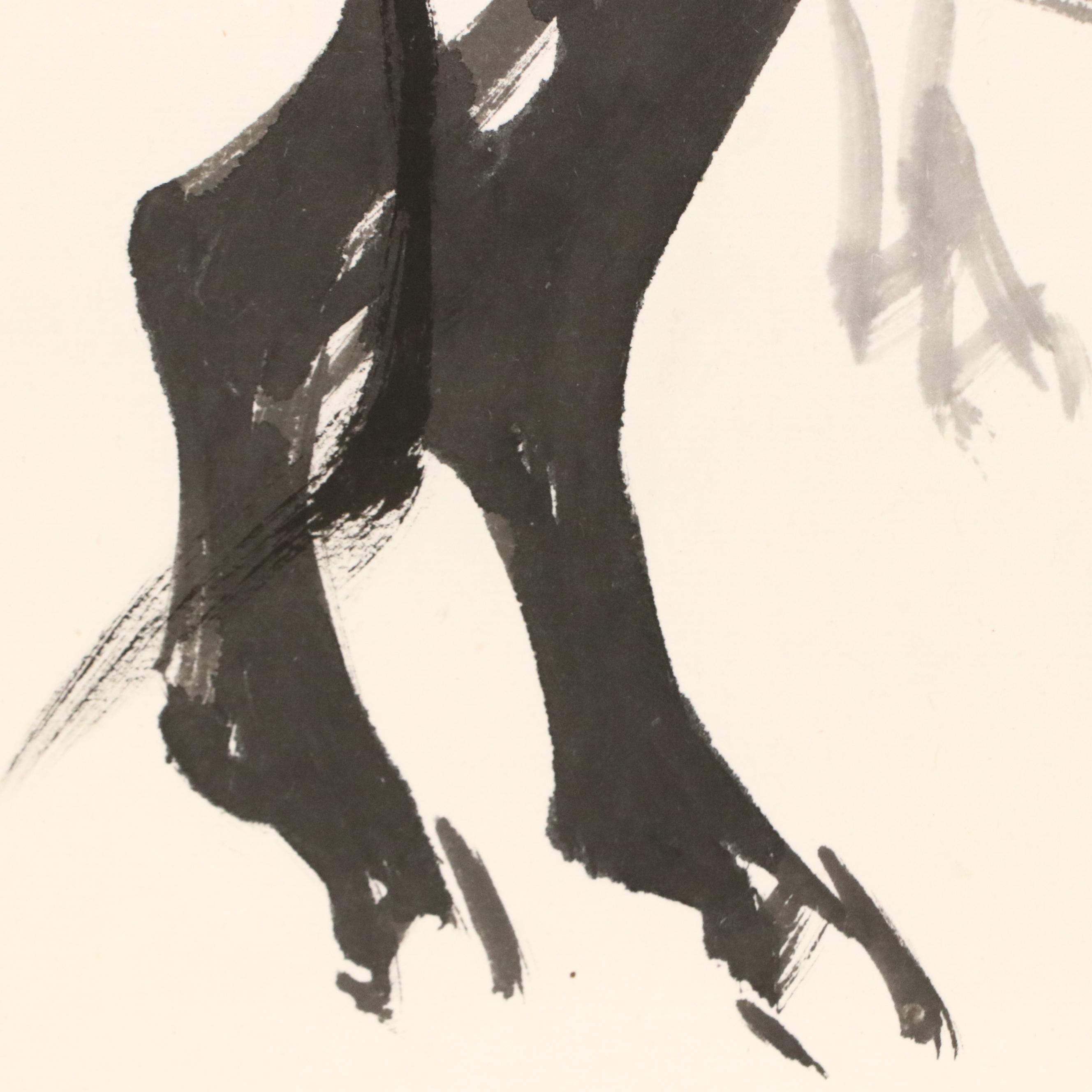 Three East Asian Ink Wash Paintings of Mules, 20th Century