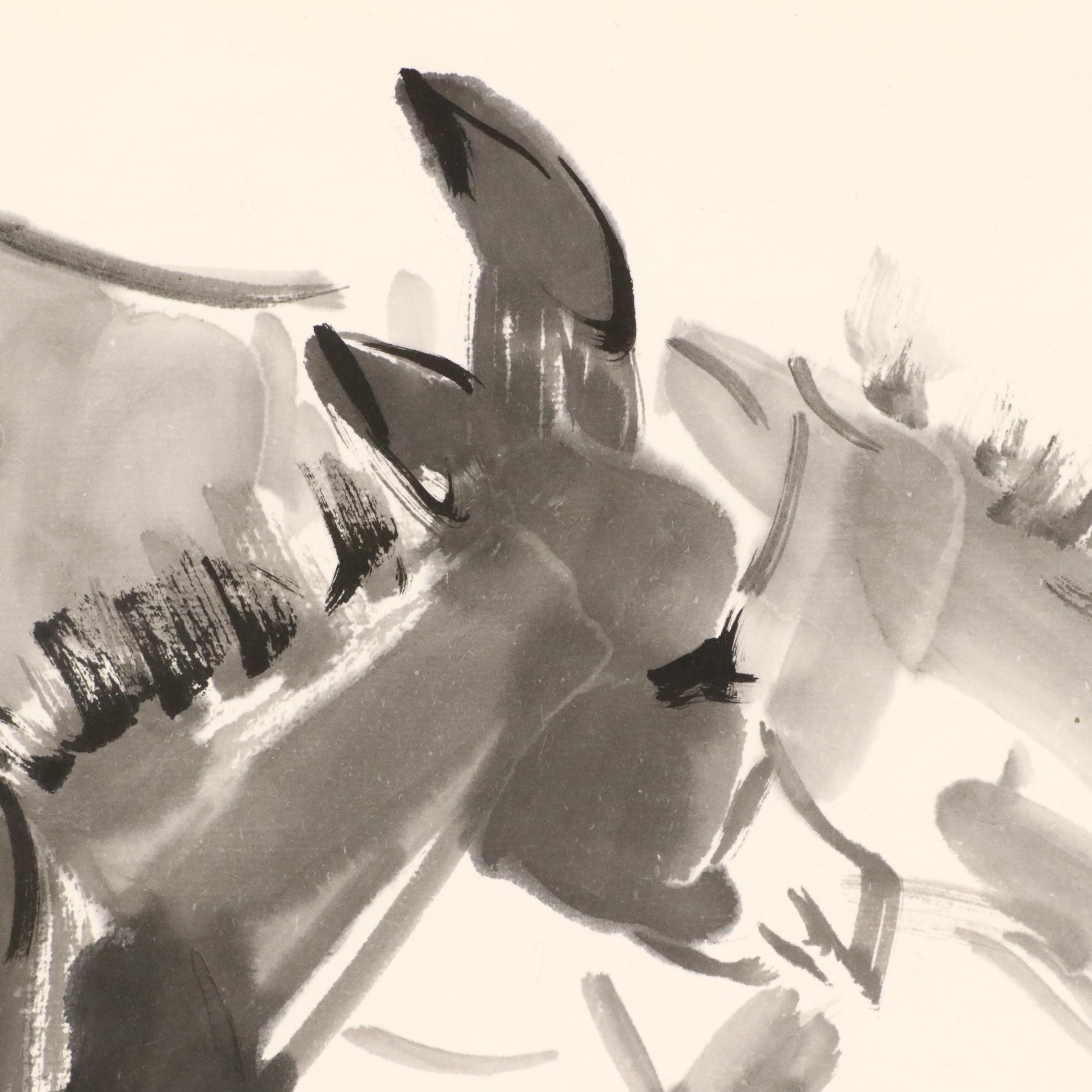 Three East Asian Ink Wash Paintings of Mules, 20th Century