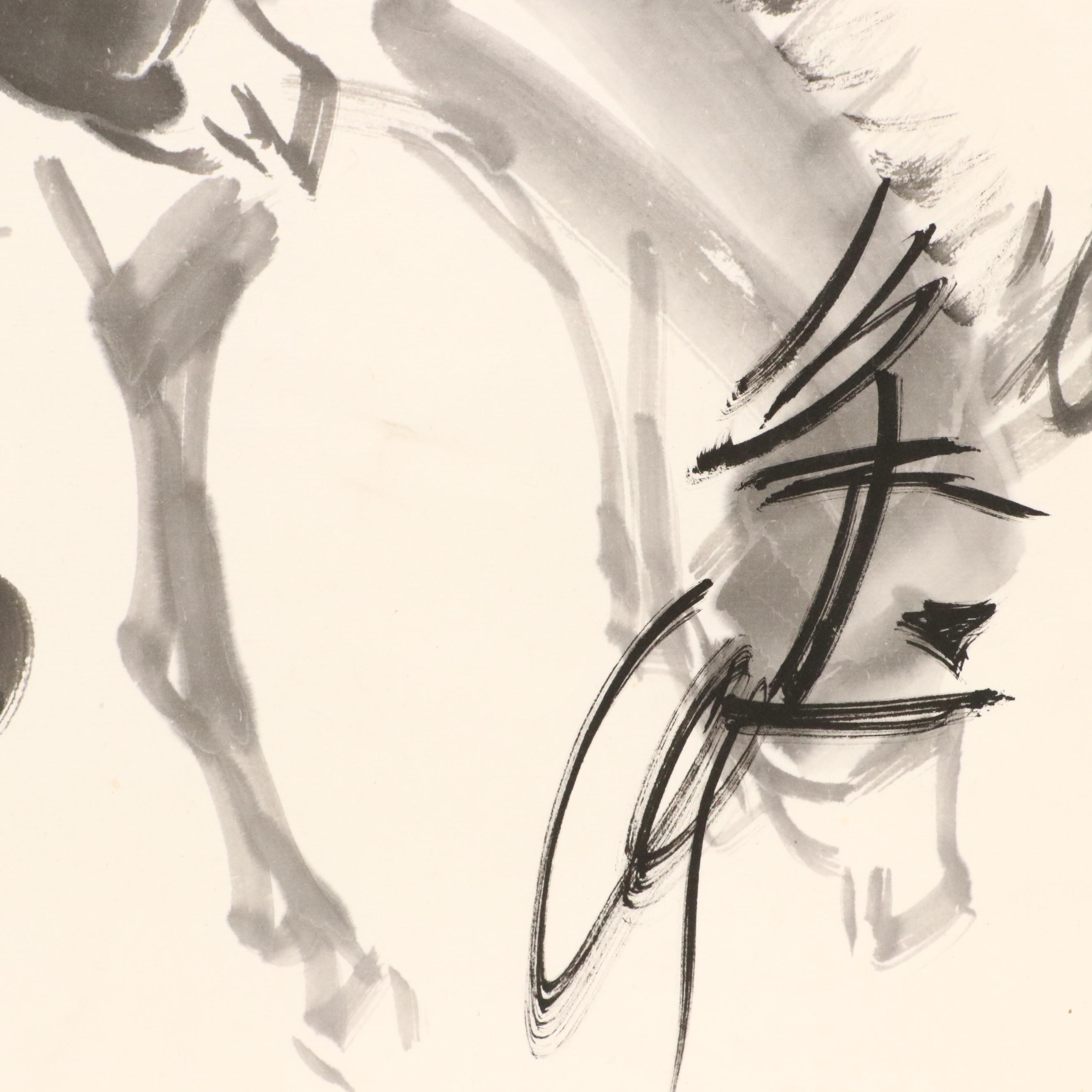 Three East Asian Ink Wash Paintings of Mules, 20th Century