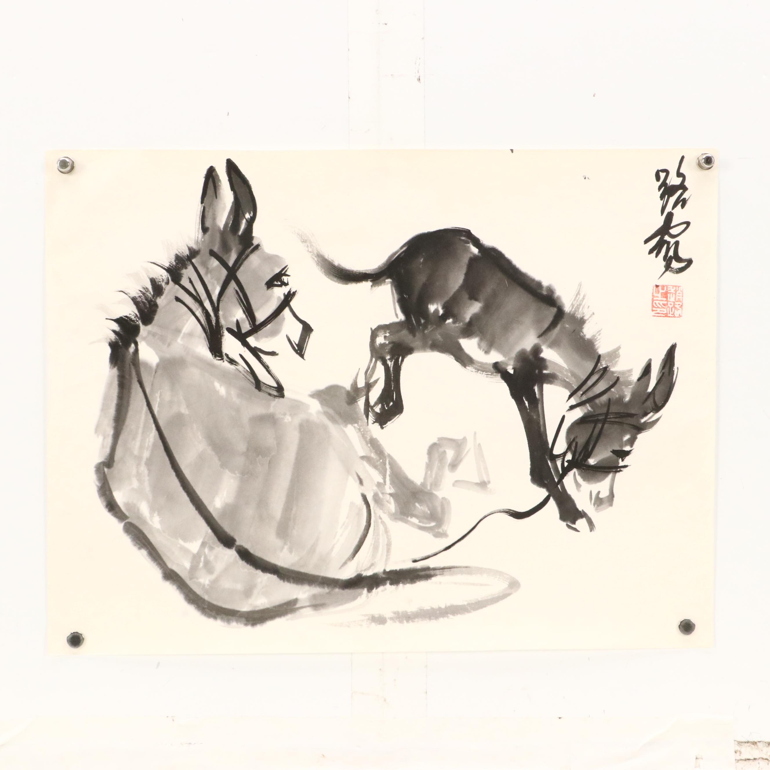 Three East Asian Ink Wash Paintings of Mules, 20th Century