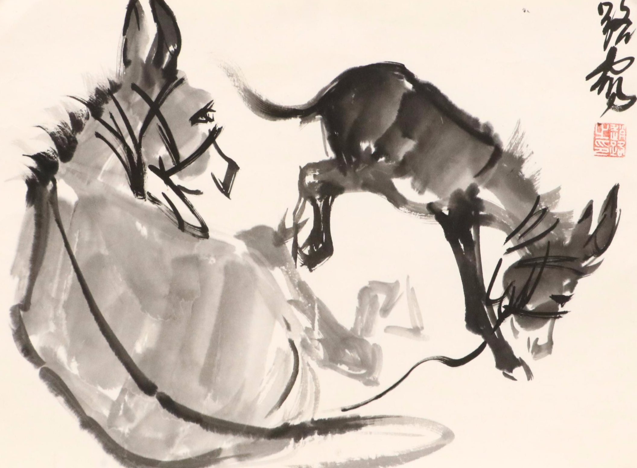 Three East Asian Ink Wash Paintings of Mules, 20th Century
