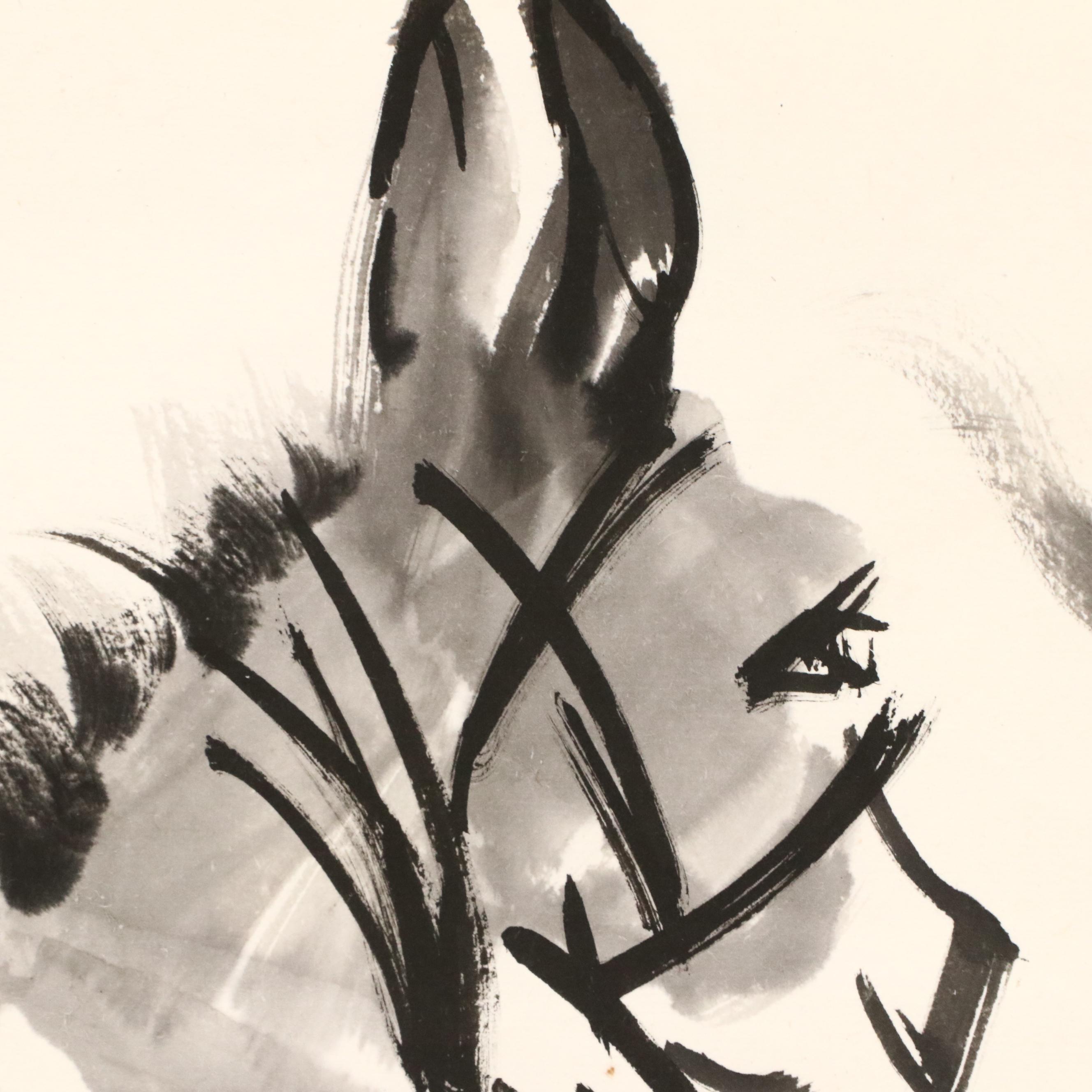 Three East Asian Ink Wash Paintings of Mules, 20th Century