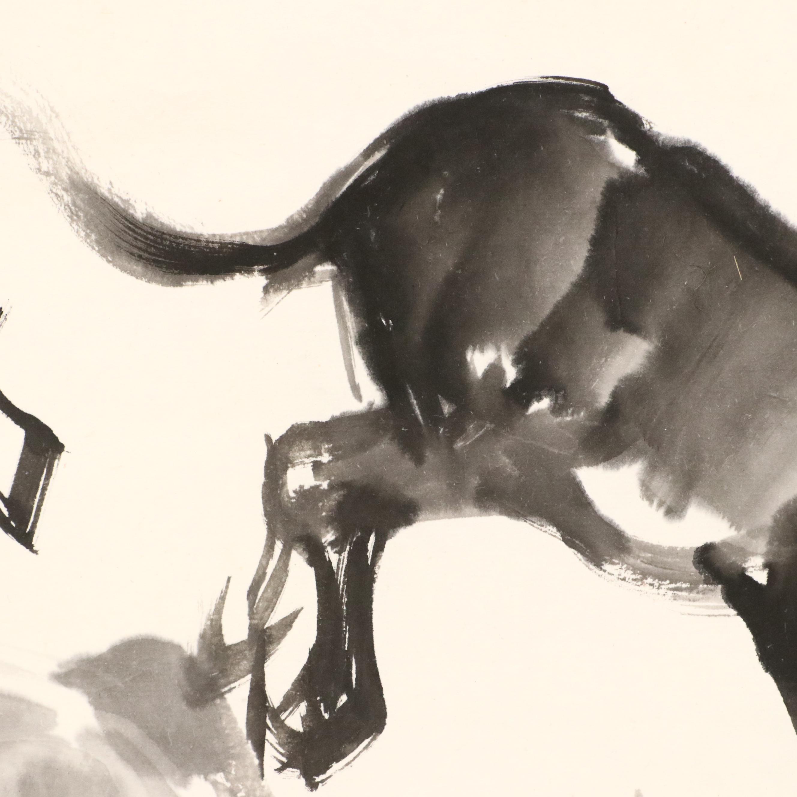 Three East Asian Ink Wash Paintings of Mules, 20th Century
