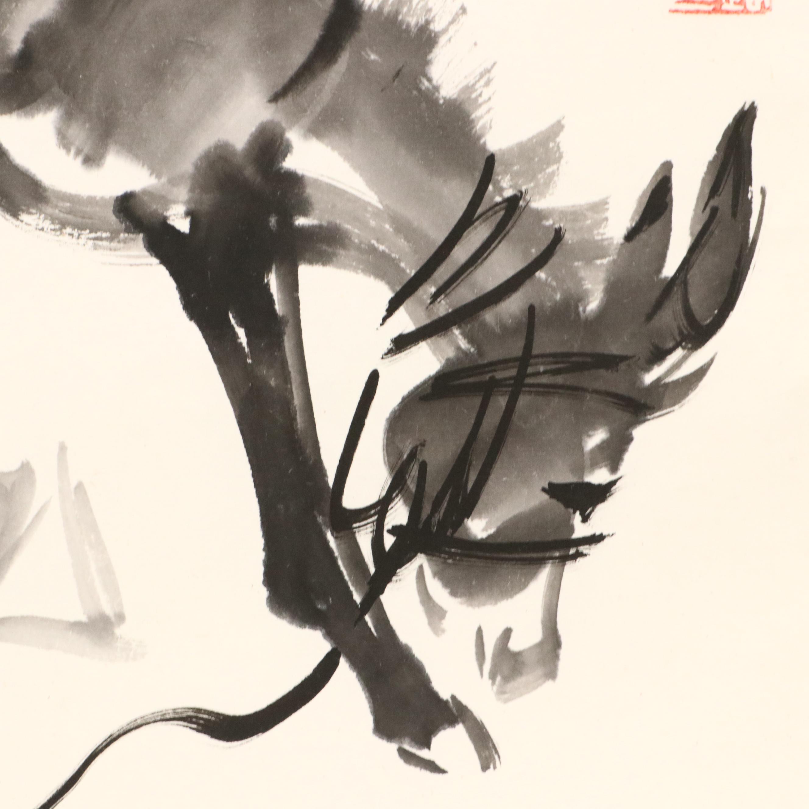 Three East Asian Ink Wash Paintings of Mules, 20th Century