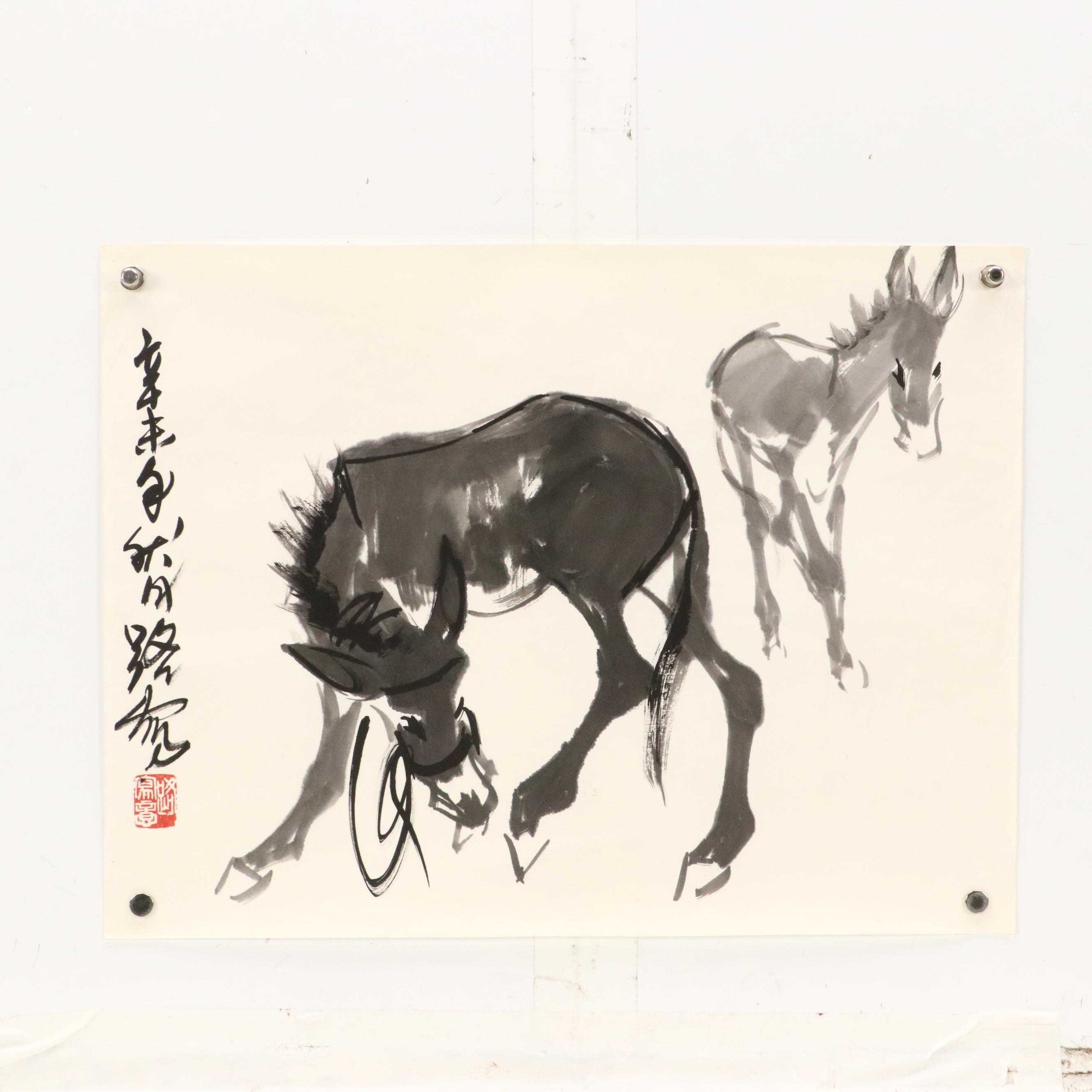 Three East Asian Ink Wash Paintings of Mules, 20th Century