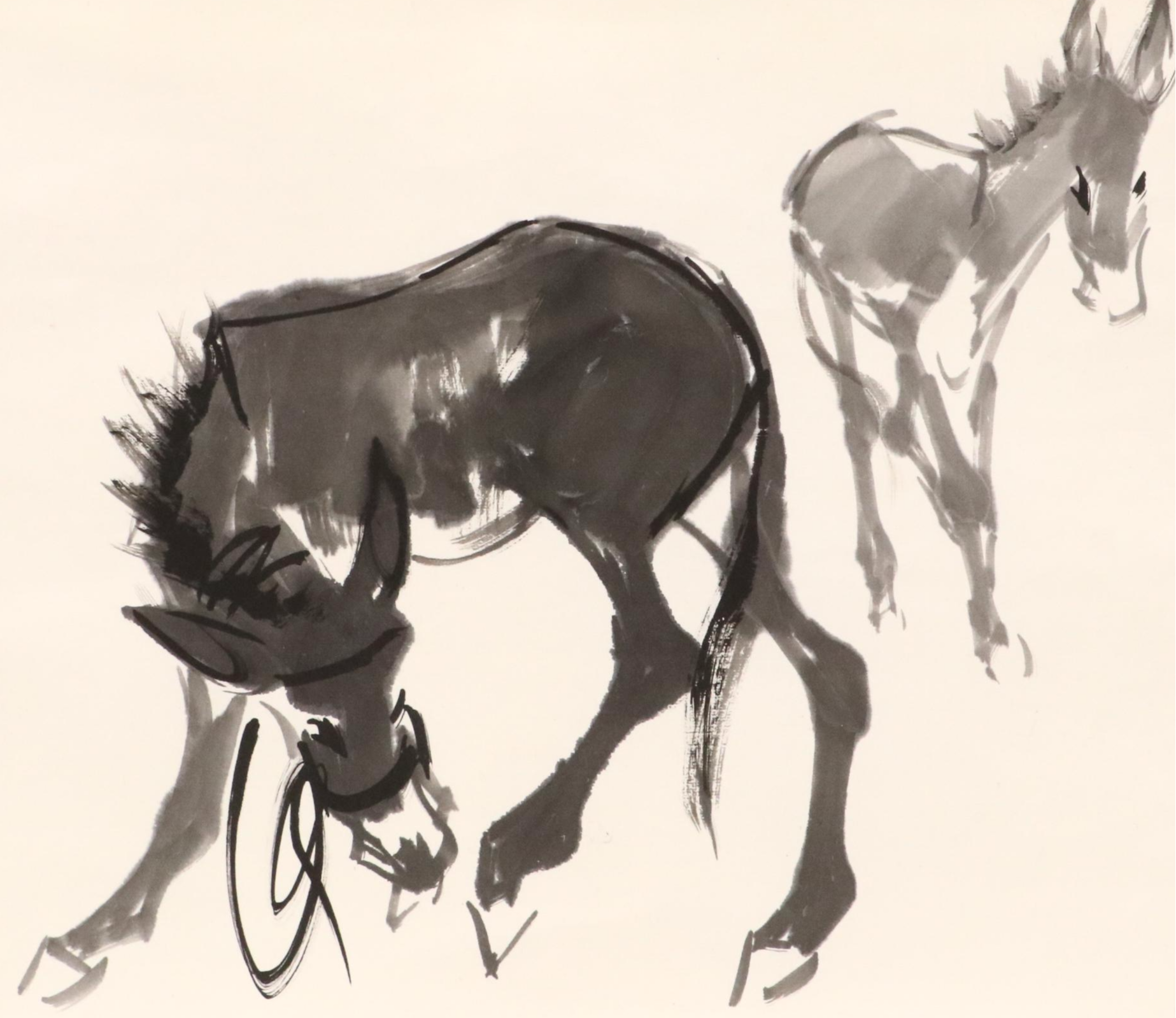 Three East Asian Ink Wash Paintings of Mules, 20th Century