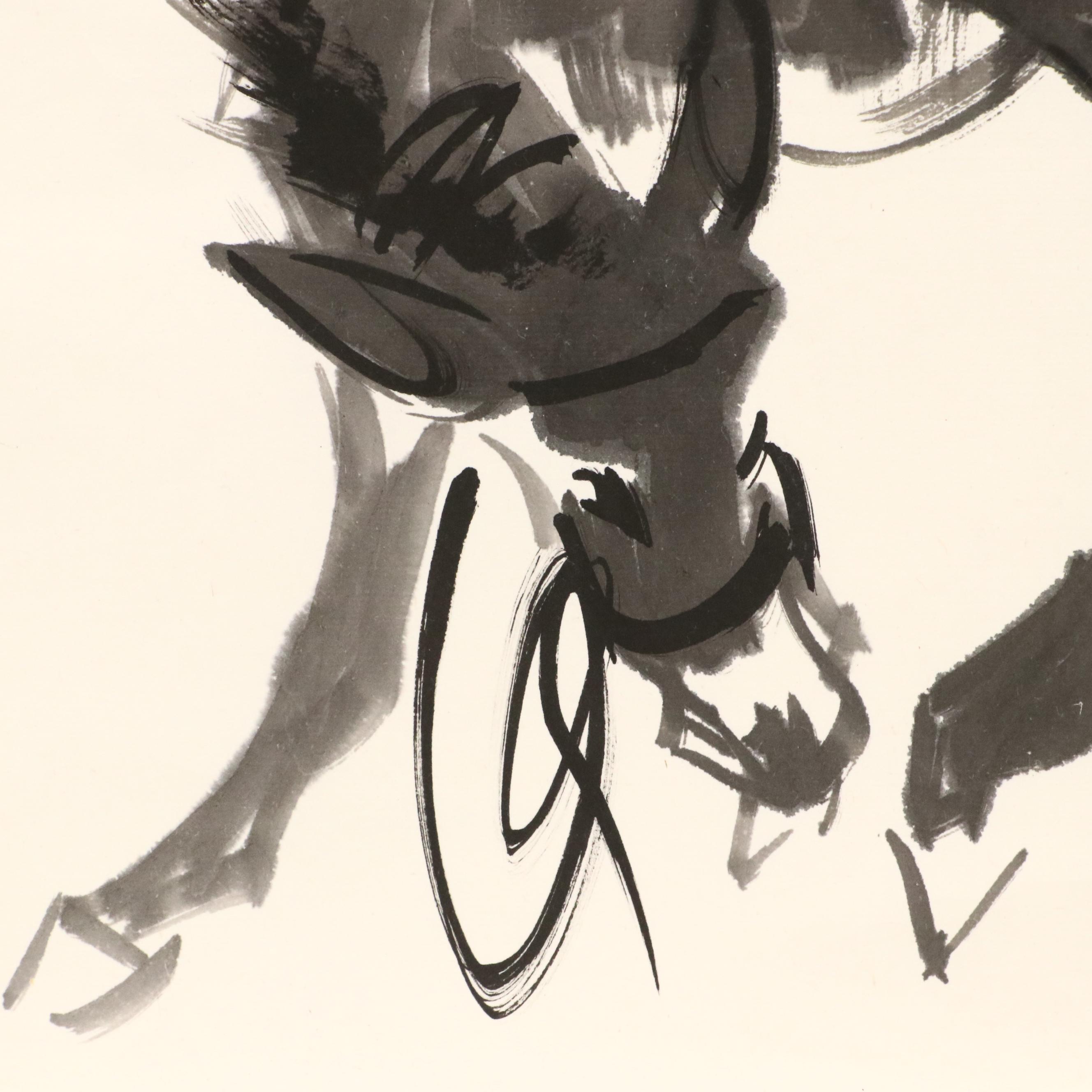 Three East Asian Ink Wash Paintings of Mules, 20th Century