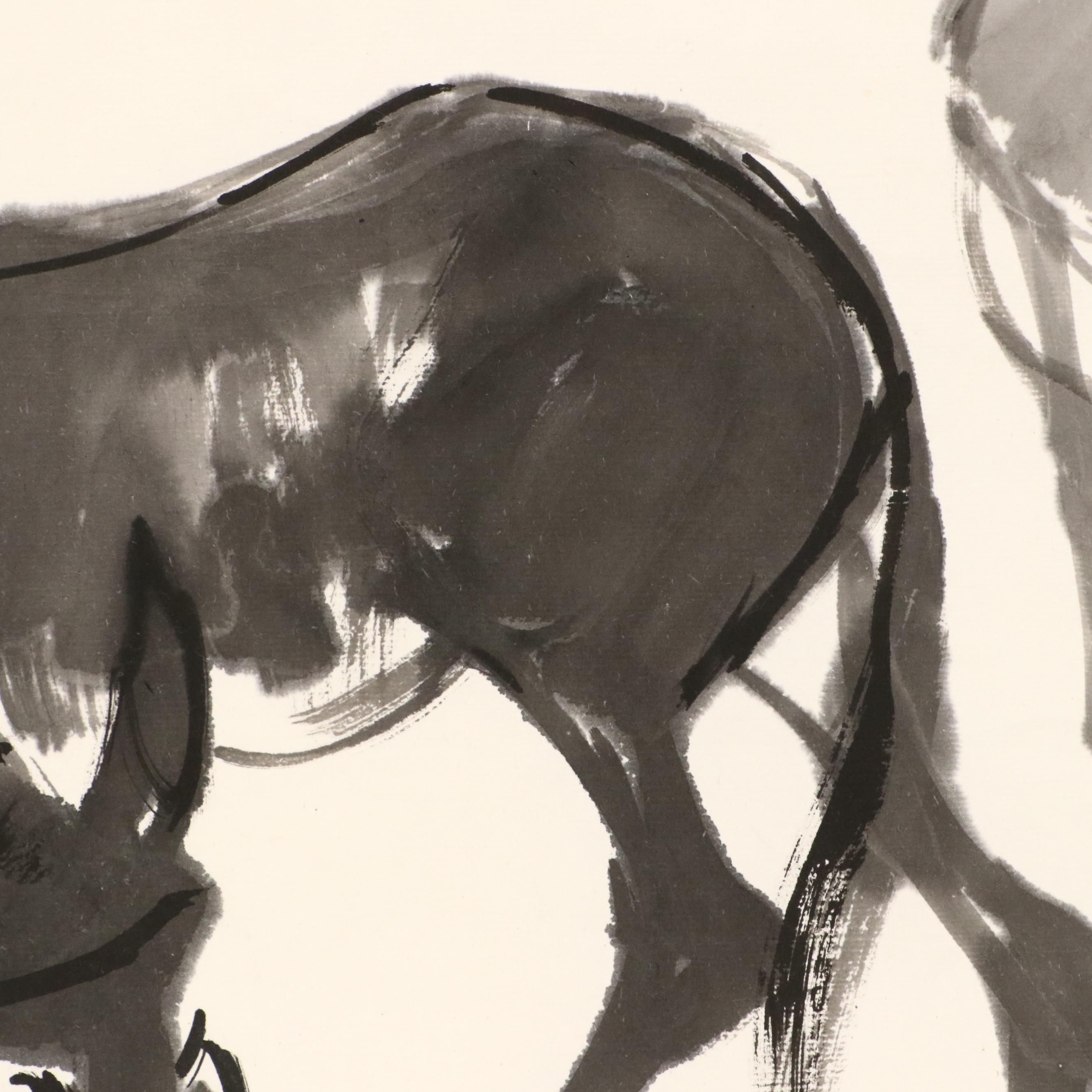 Three East Asian Ink Wash Paintings of Mules, 20th Century