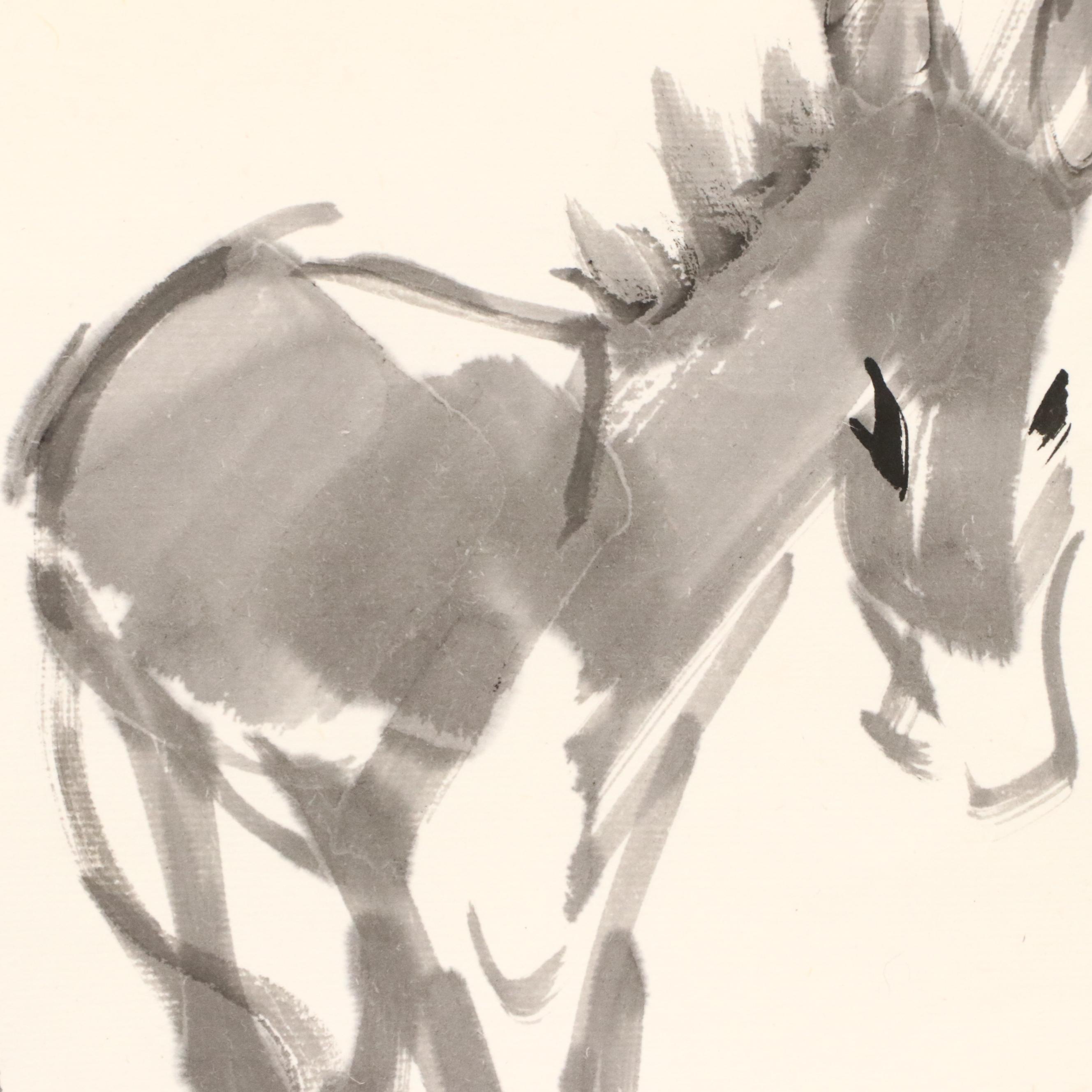Three East Asian Ink Wash Paintings of Mules, 20th Century