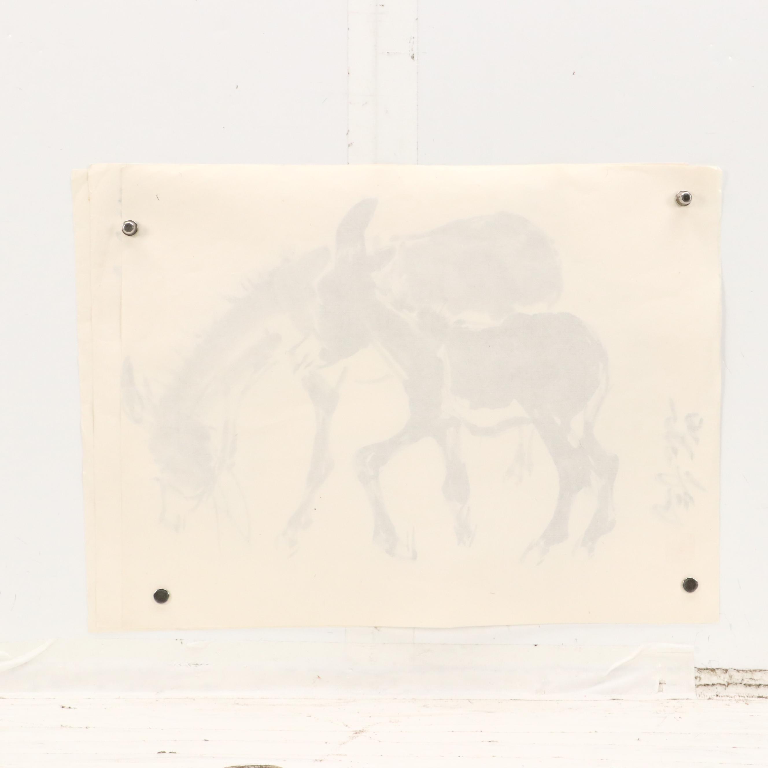 Three East Asian Ink Wash Paintings of Mules, 20th Century