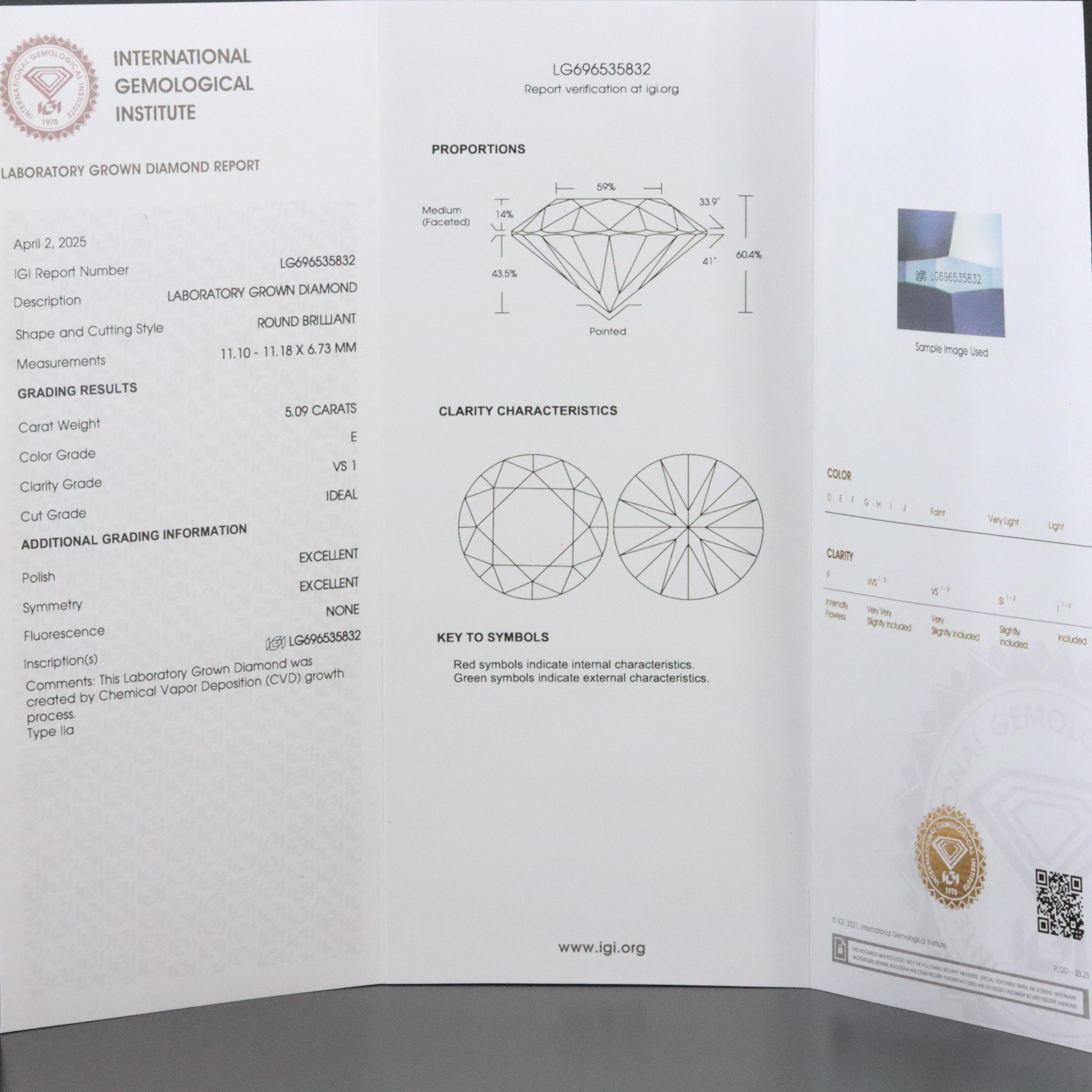 18K 5.09 CT Lab Grown Diamond Solitaire Ring with IGI Report