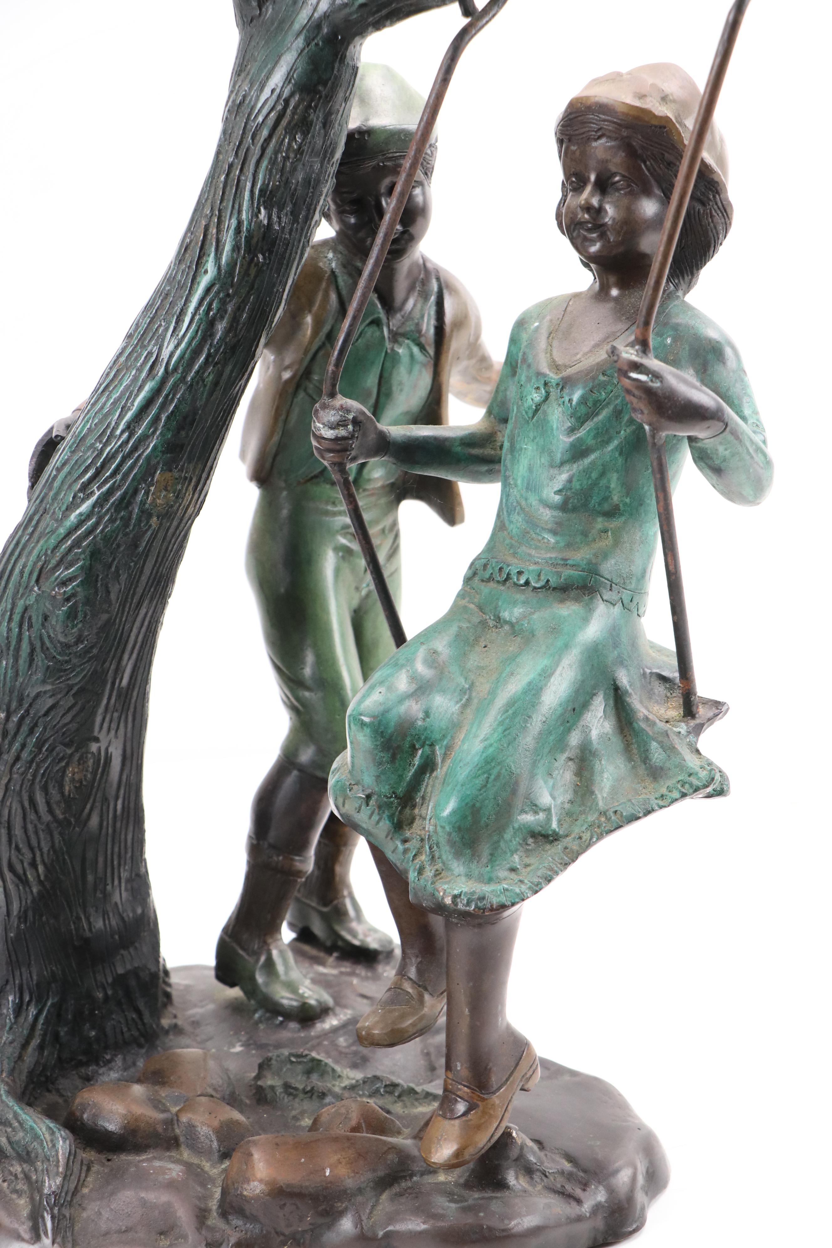 Cast Bronze Sculpture of Children and Swing, Early 20th Century