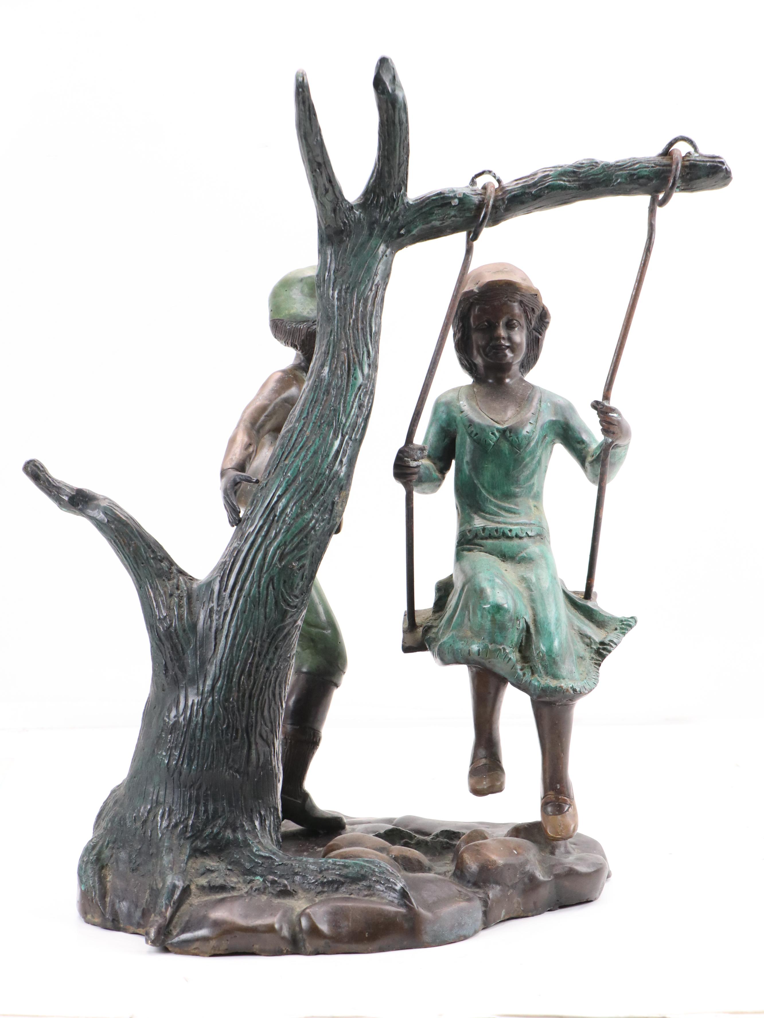 Cast Bronze Sculpture of Children and Swing, Early 20th Century