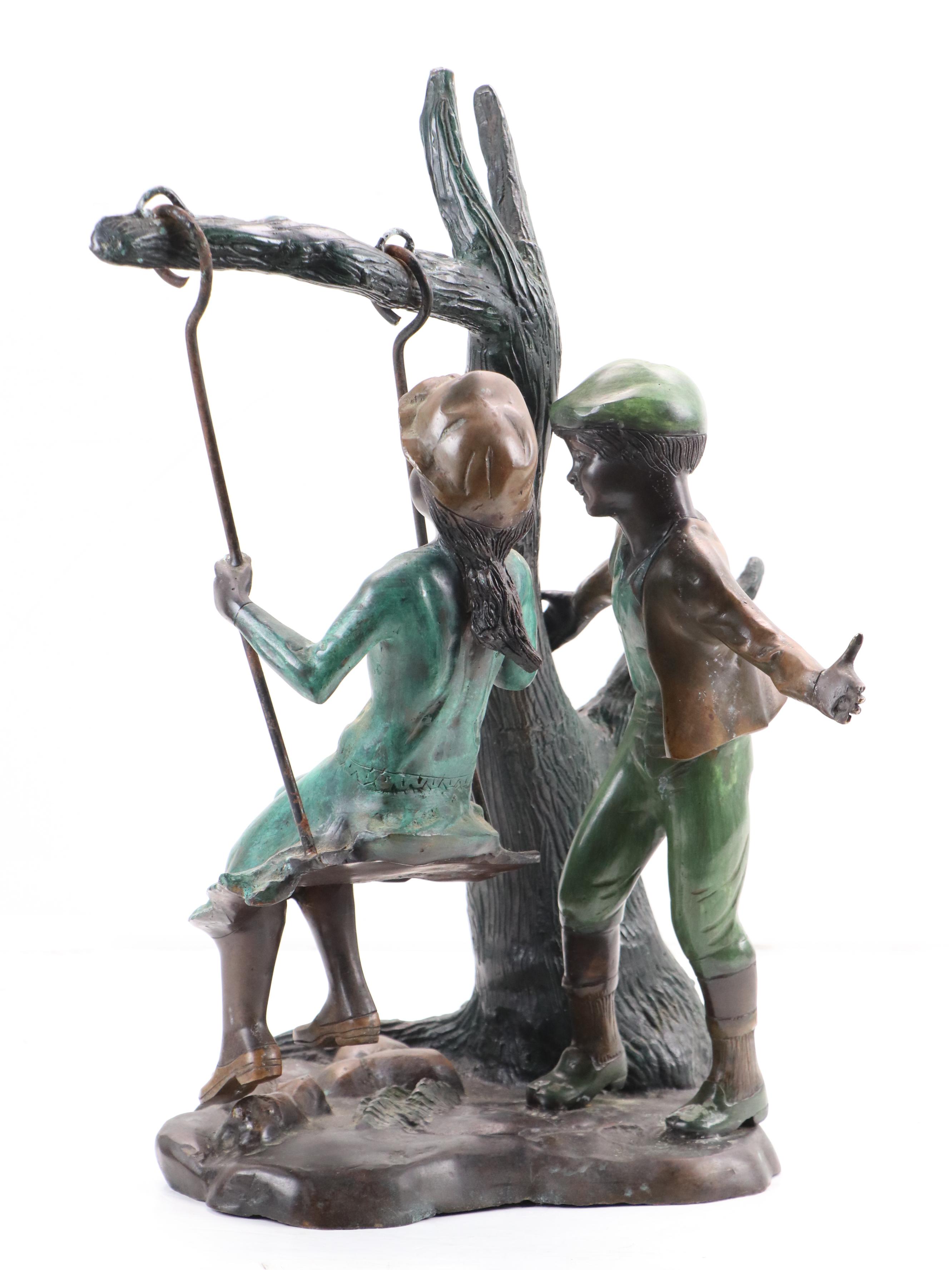 Cast Bronze Sculpture of Children and Swing, Early 20th Century