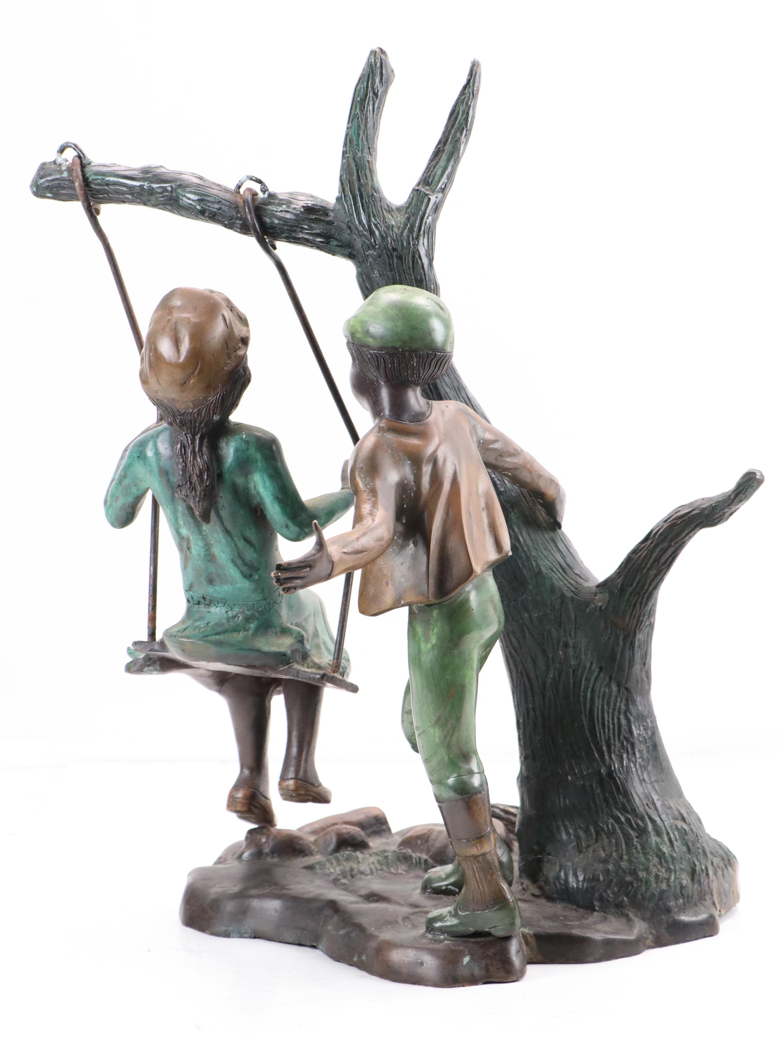 Cast Bronze Sculpture of Children and Swing, Early 20th Century