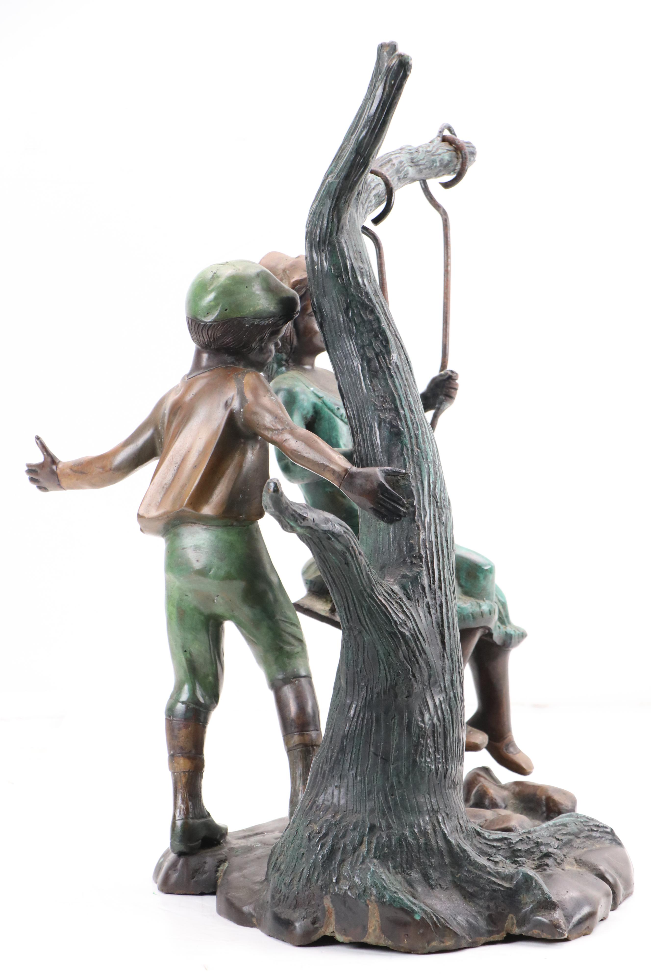 Cast Bronze Sculpture of Children and Swing, Early 20th Century