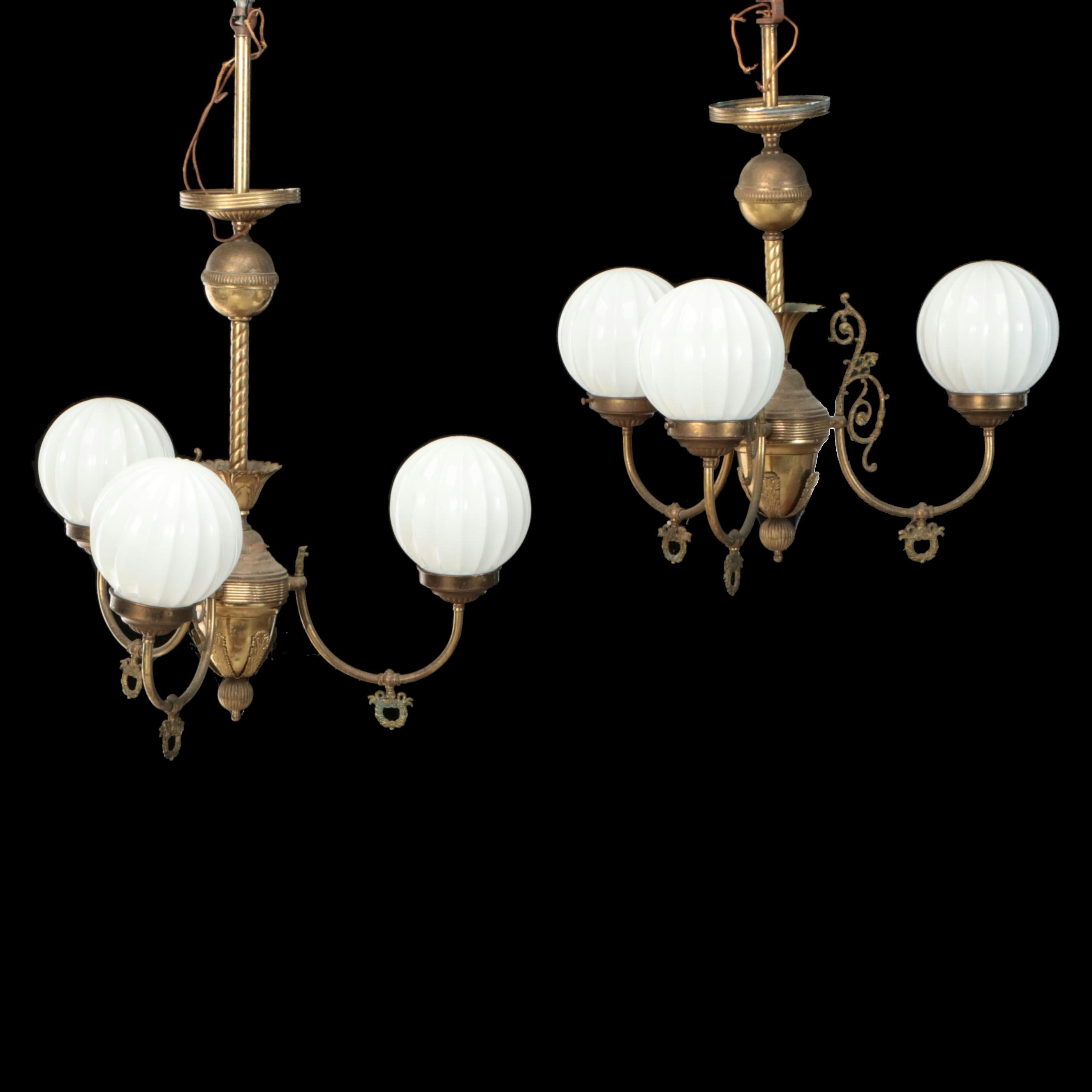Pair of Empire Revival Brass Three-Arm Chandeliers with Milk Glass Globes