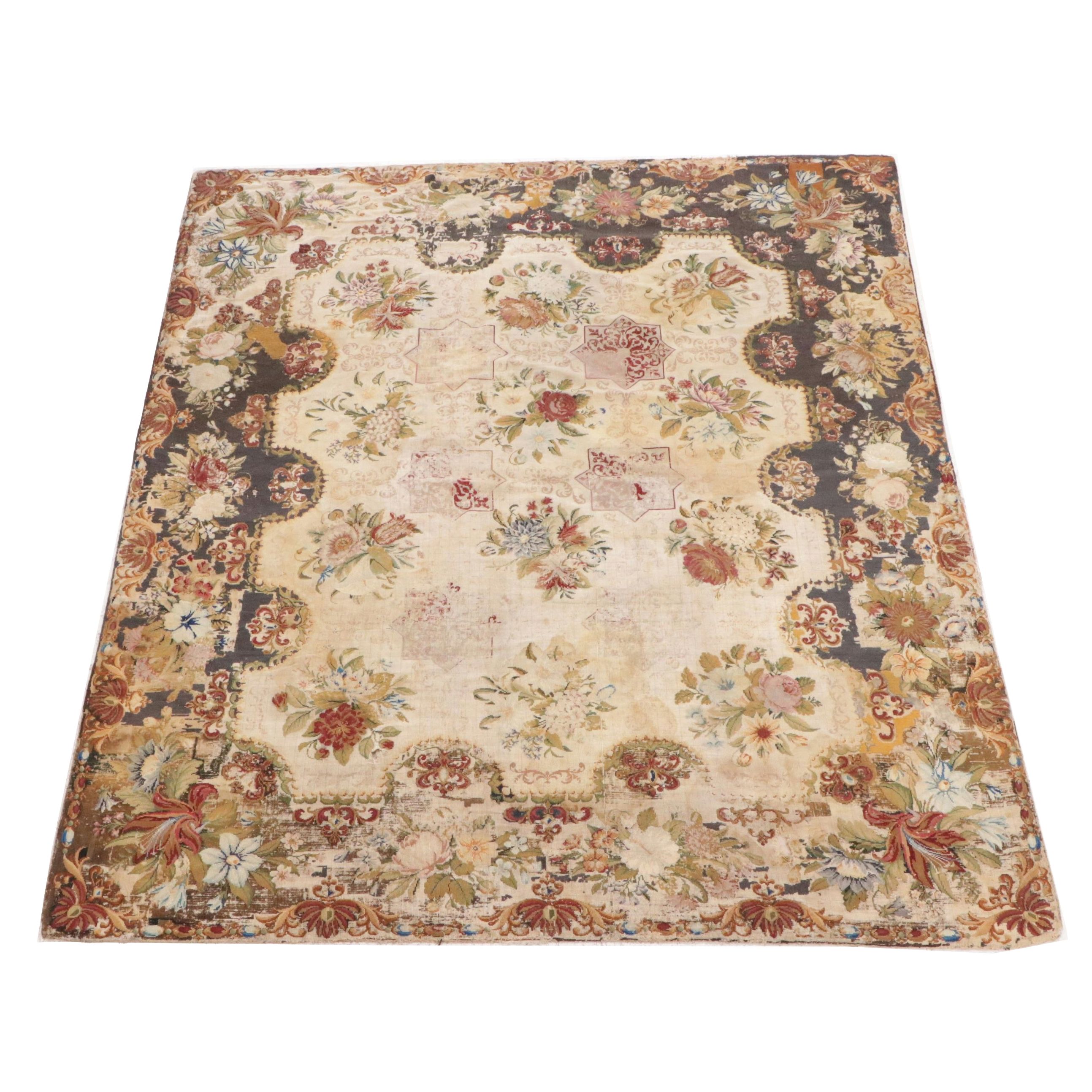 7'8 x 8'8 Handmade English Floral Needlepoint Area Rug, Antique
