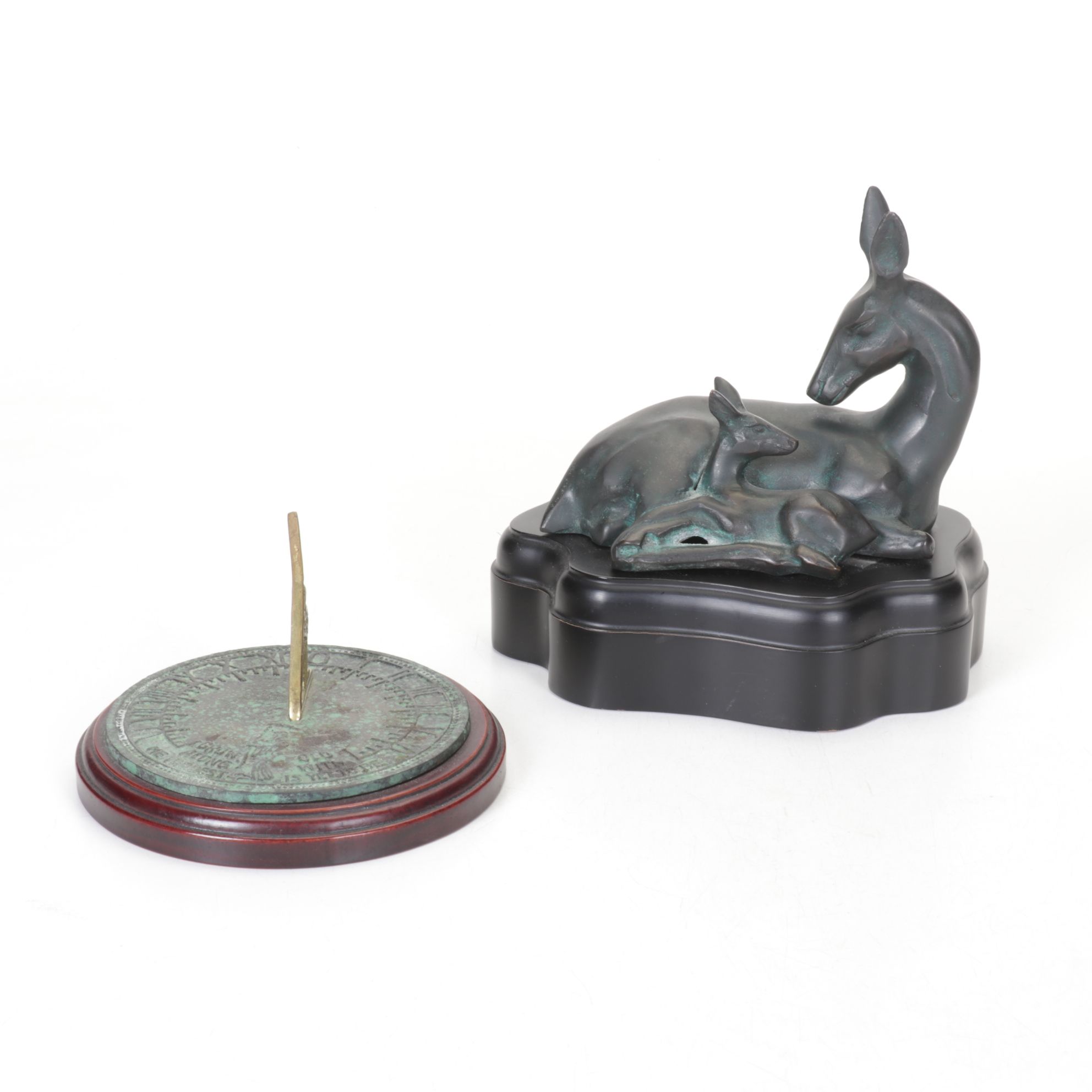 Silvestri Doe and Fawn Statue with "Grow Old Along With Me" Brass Sundial