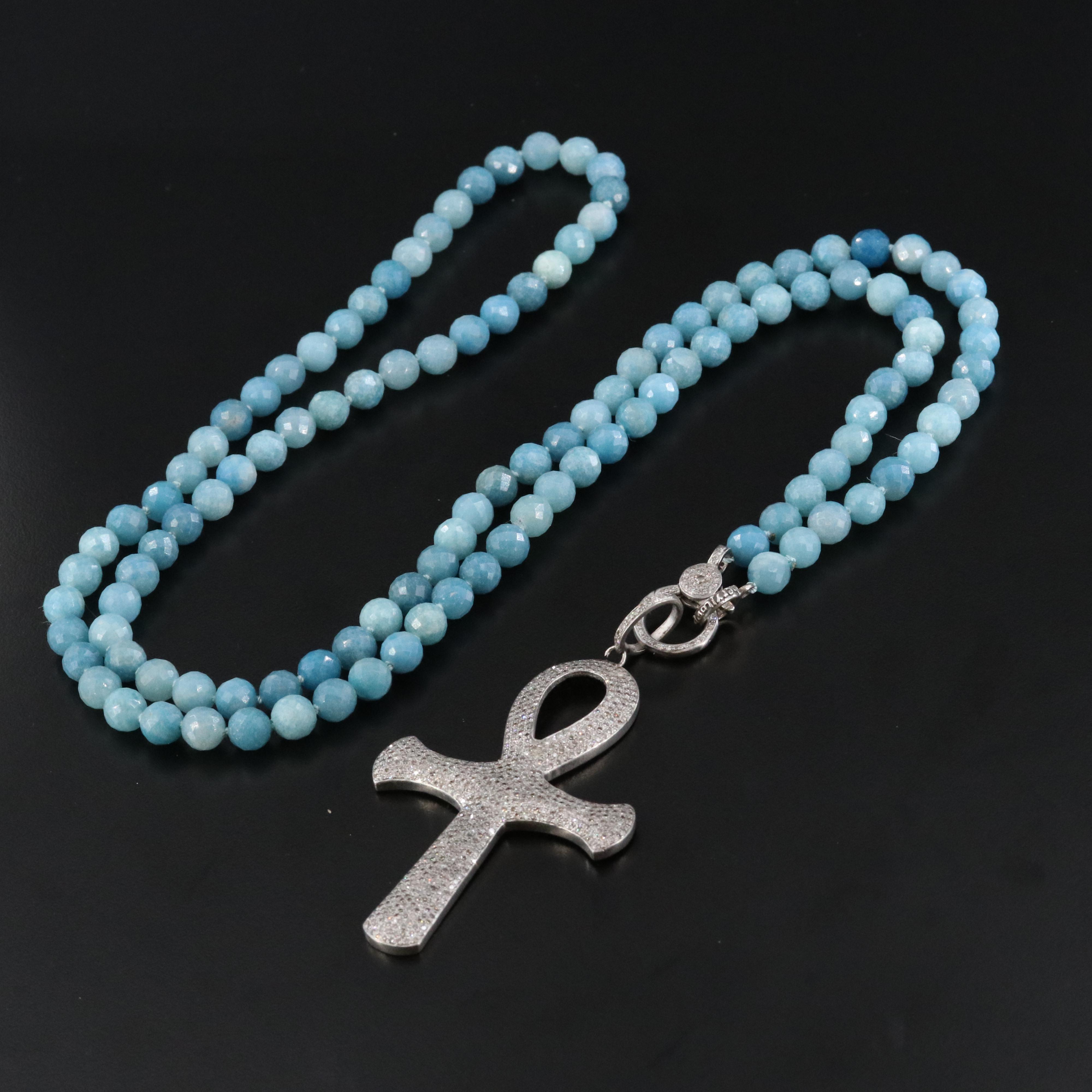 Sheryl Lowe Sterling Diamond Ankh Pendant on Quartz Beaded Necklace