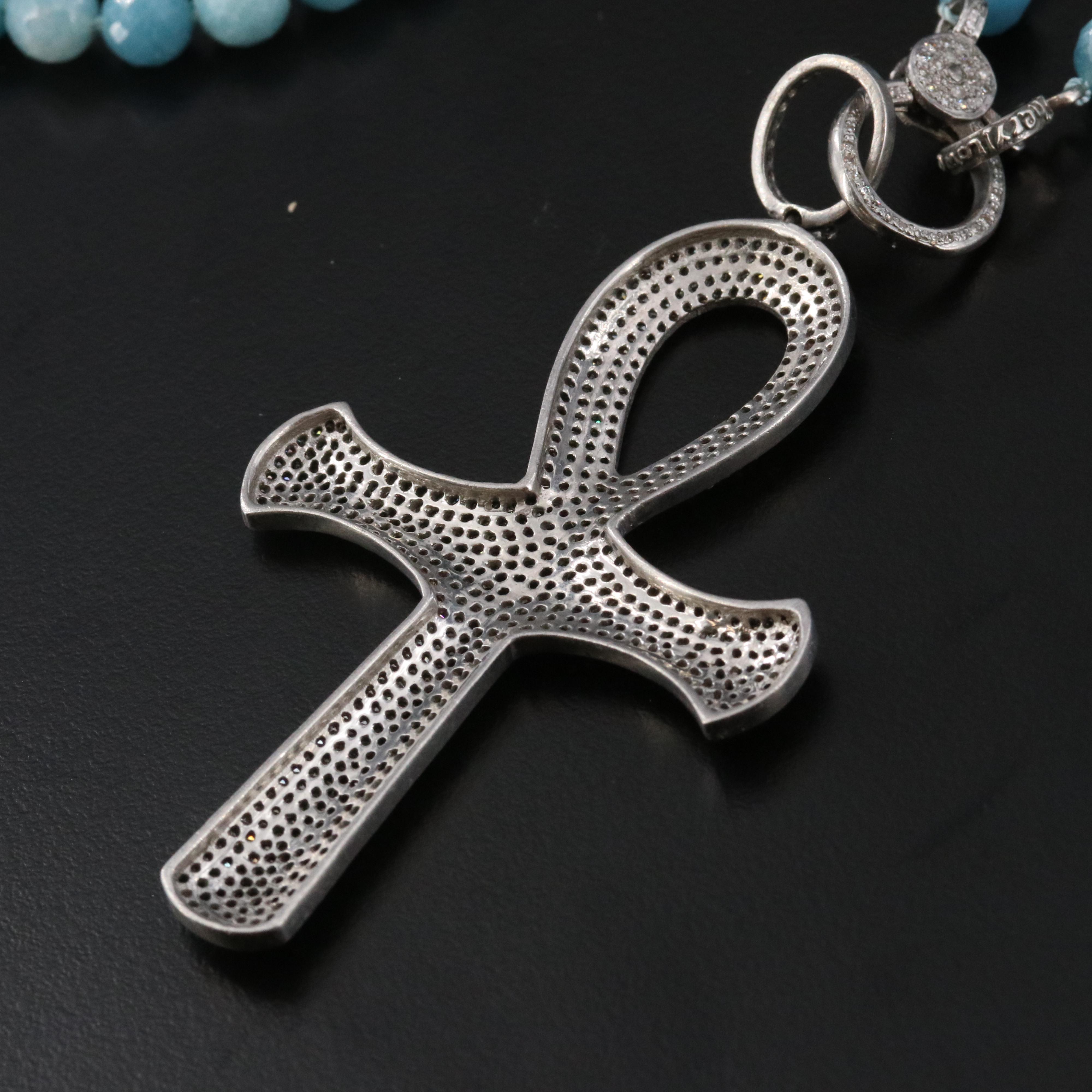 Sheryl Lowe Sterling Diamond Ankh Pendant on Quartz Beaded Necklace