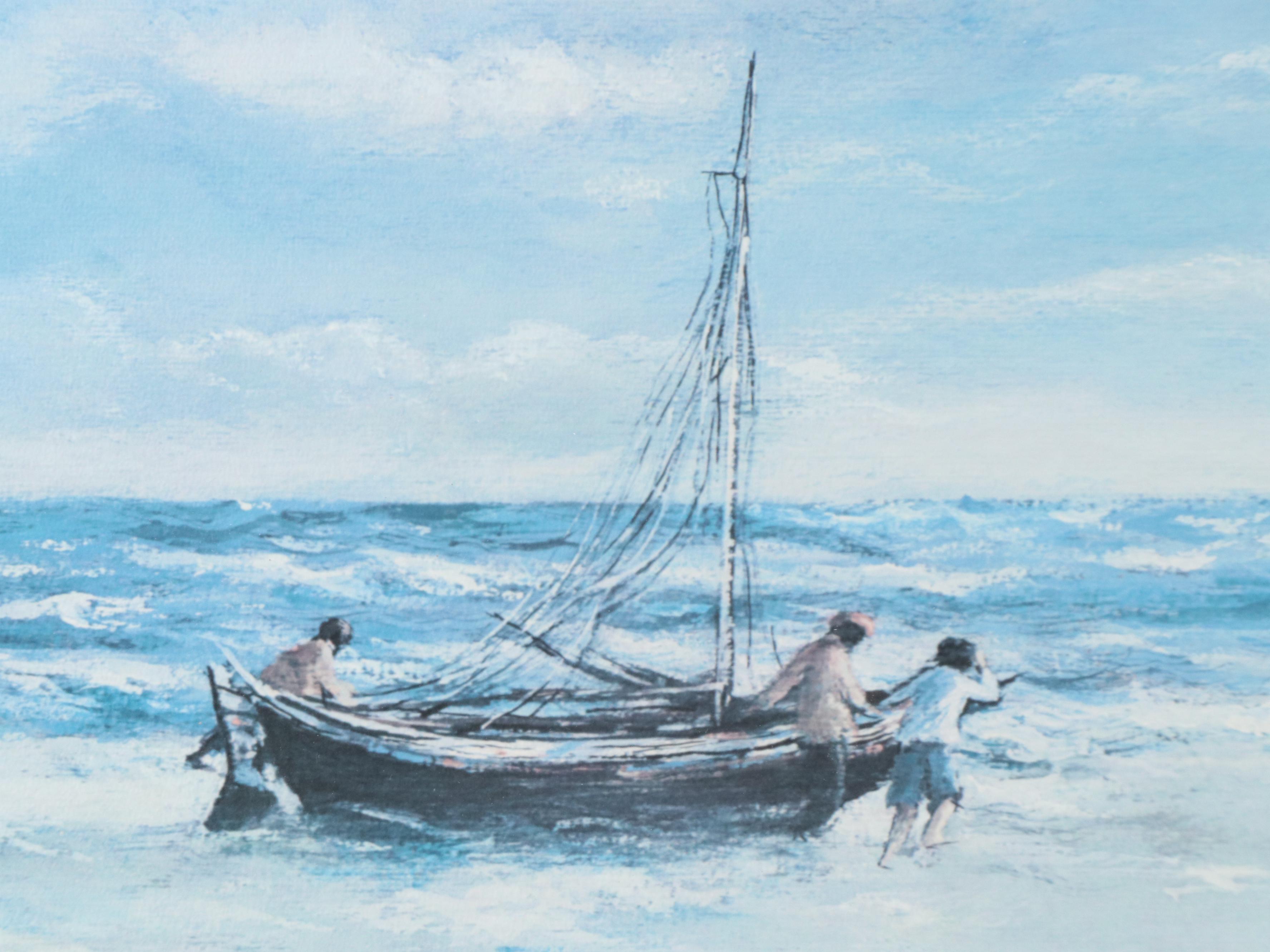 Robert Fabe Offset Lithograph "Launching the Dory," Mid-20th Century