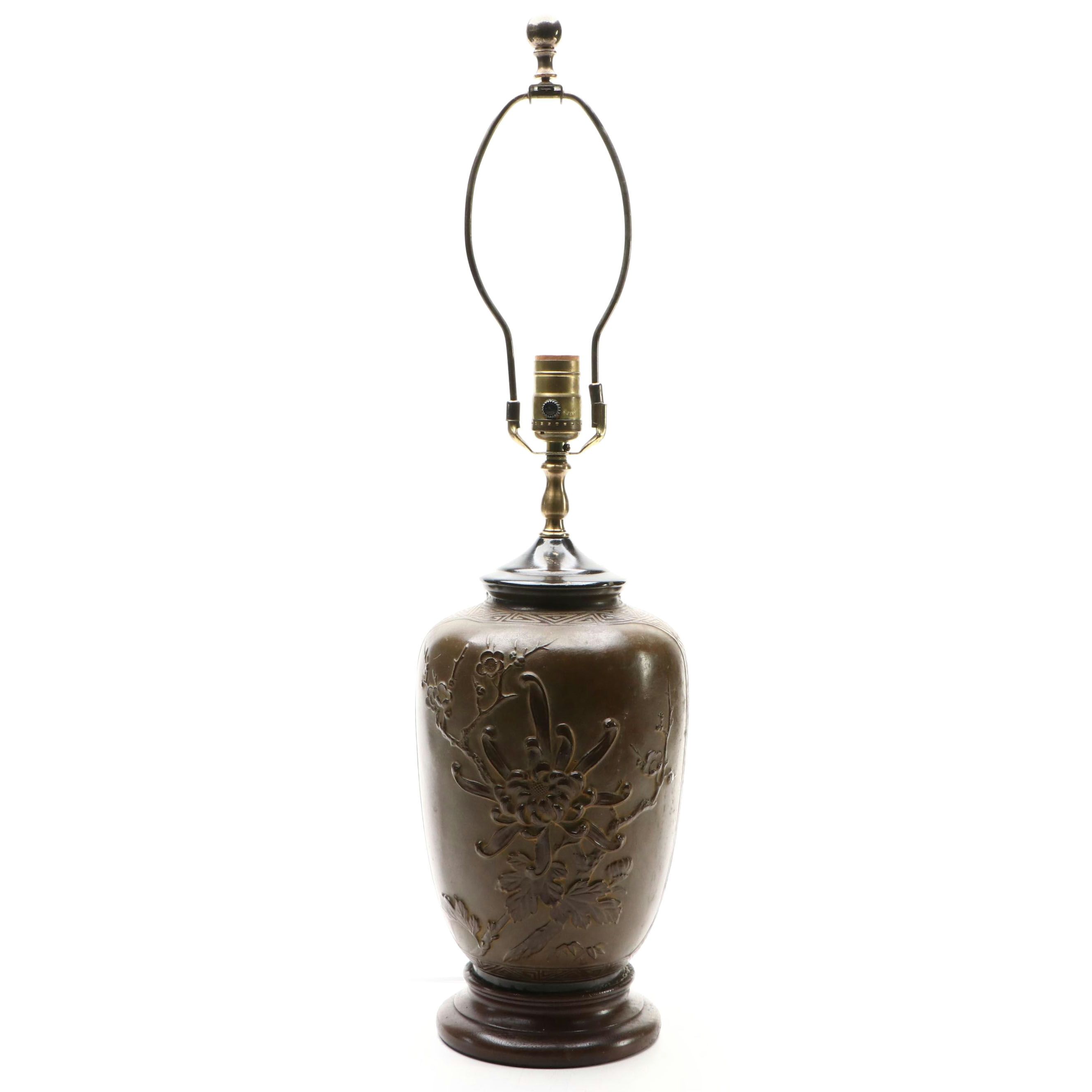 Dinkelspiel Japanese Bronze Relief Floral Table Lamp, Late 20th Century