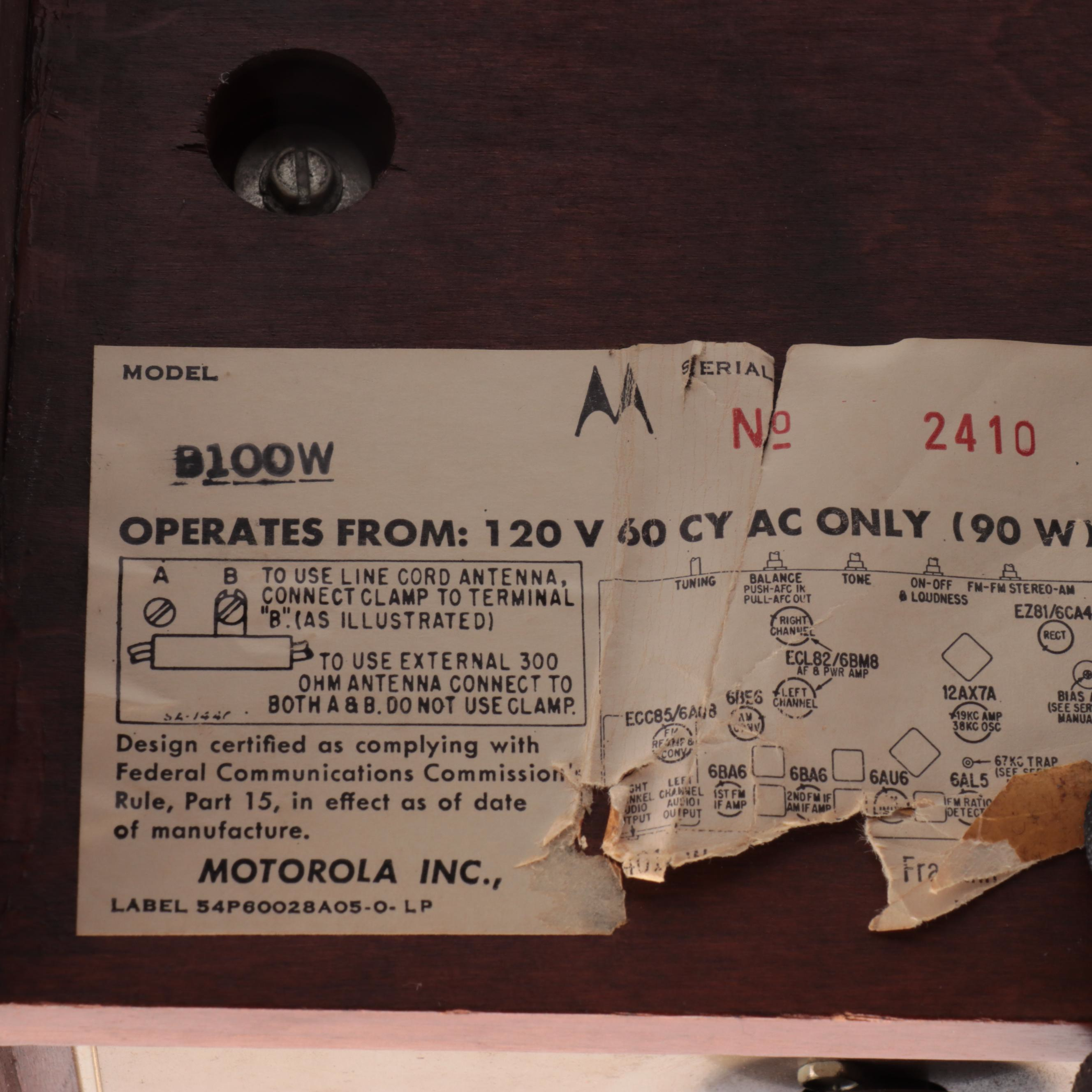 Vintage Motorola B-100W All Tube Radio with Speakers, 1960s