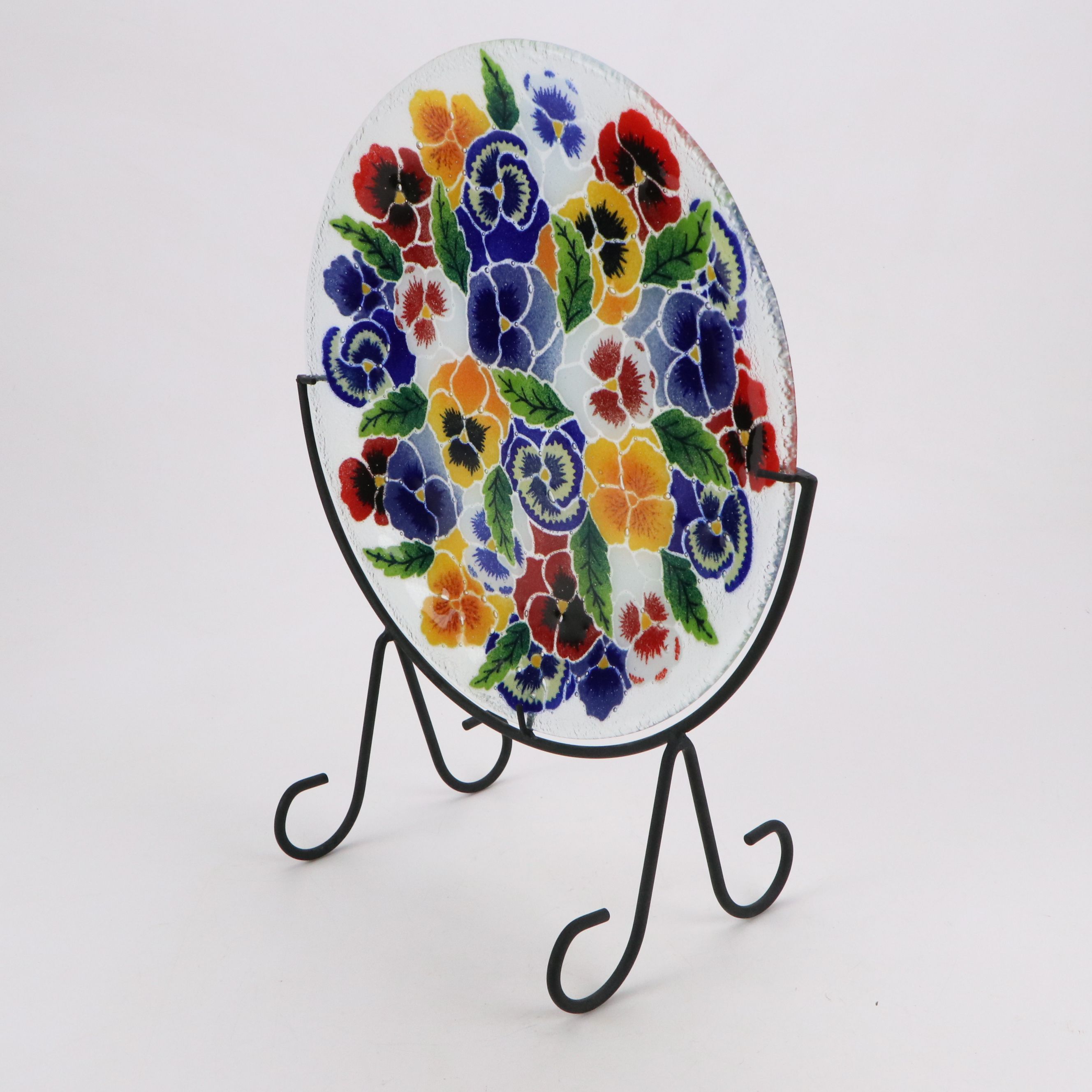 Hawaiian Handmade Floral Glass Plate on Metal Stand