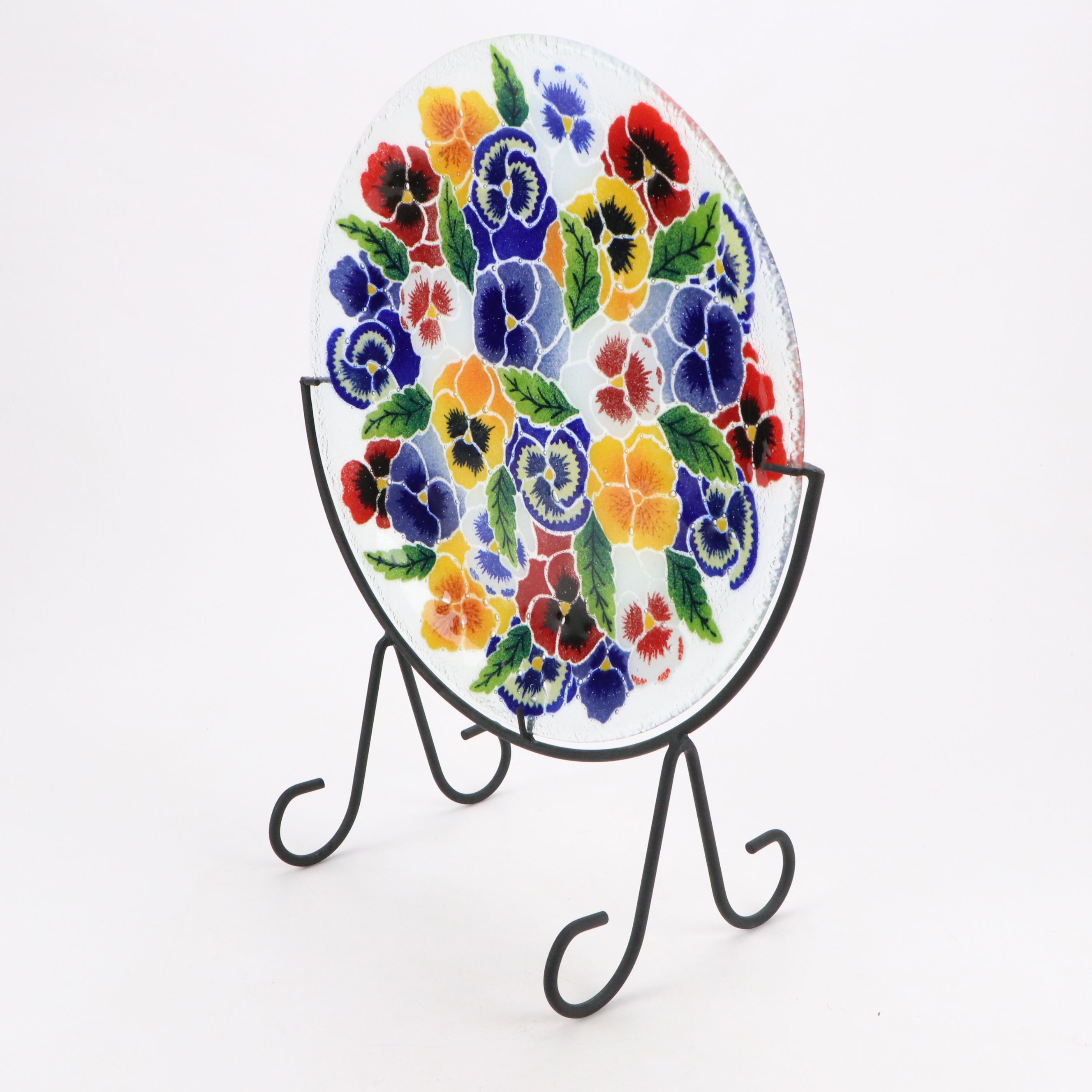 Hawaiian Handmade Floral Glass Plate on Metal Stand