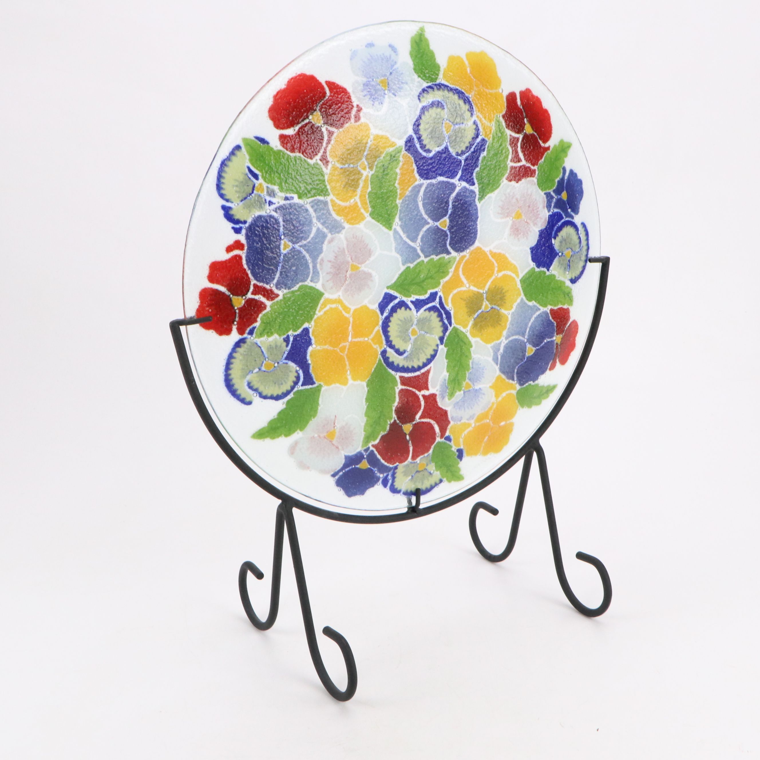 Hawaiian Handmade Floral Glass Plate on Metal Stand