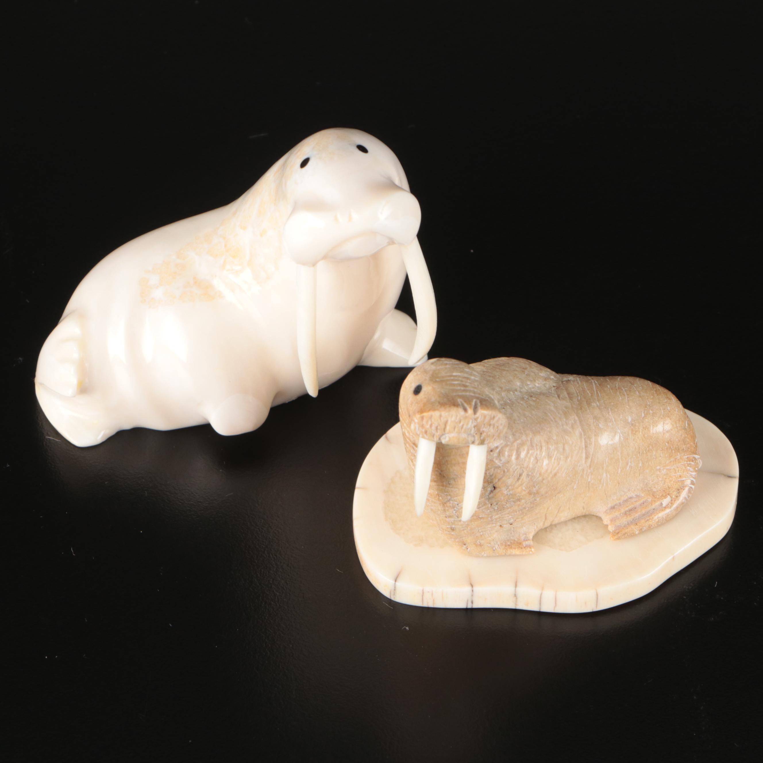 Tony Pelowook and H. B. Slwooko Carved Walrus Ivory Figurines, 20th Century