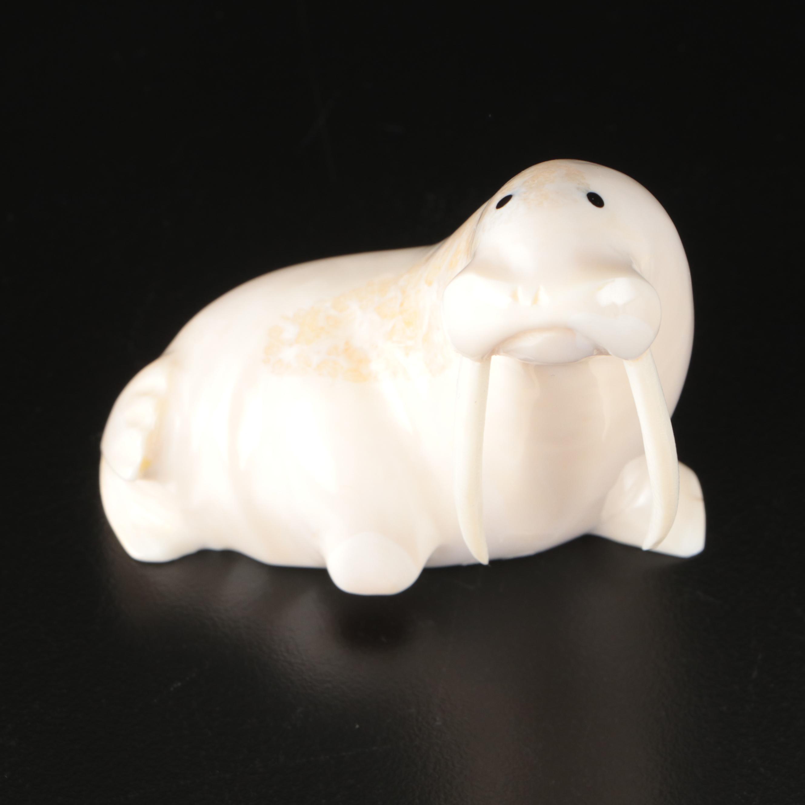 Tony Pelowook and H. B. Slwooko Carved Walrus Ivory Figurines, 20th Century