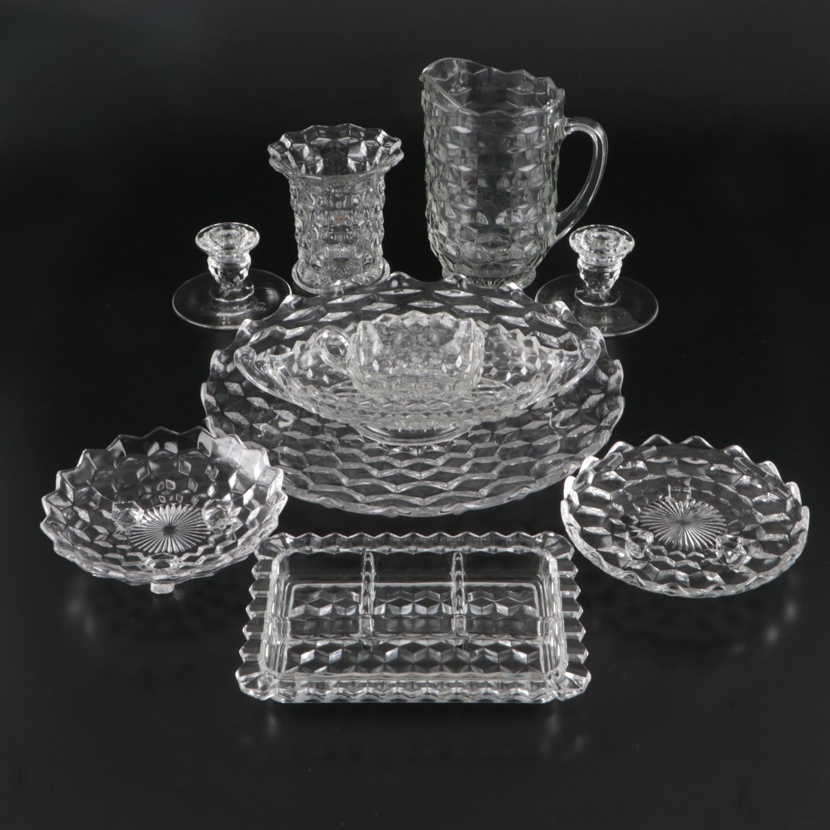 Fostoria "American" Clear Glass Serveware, Vase, and Candlesticks, 20th Century