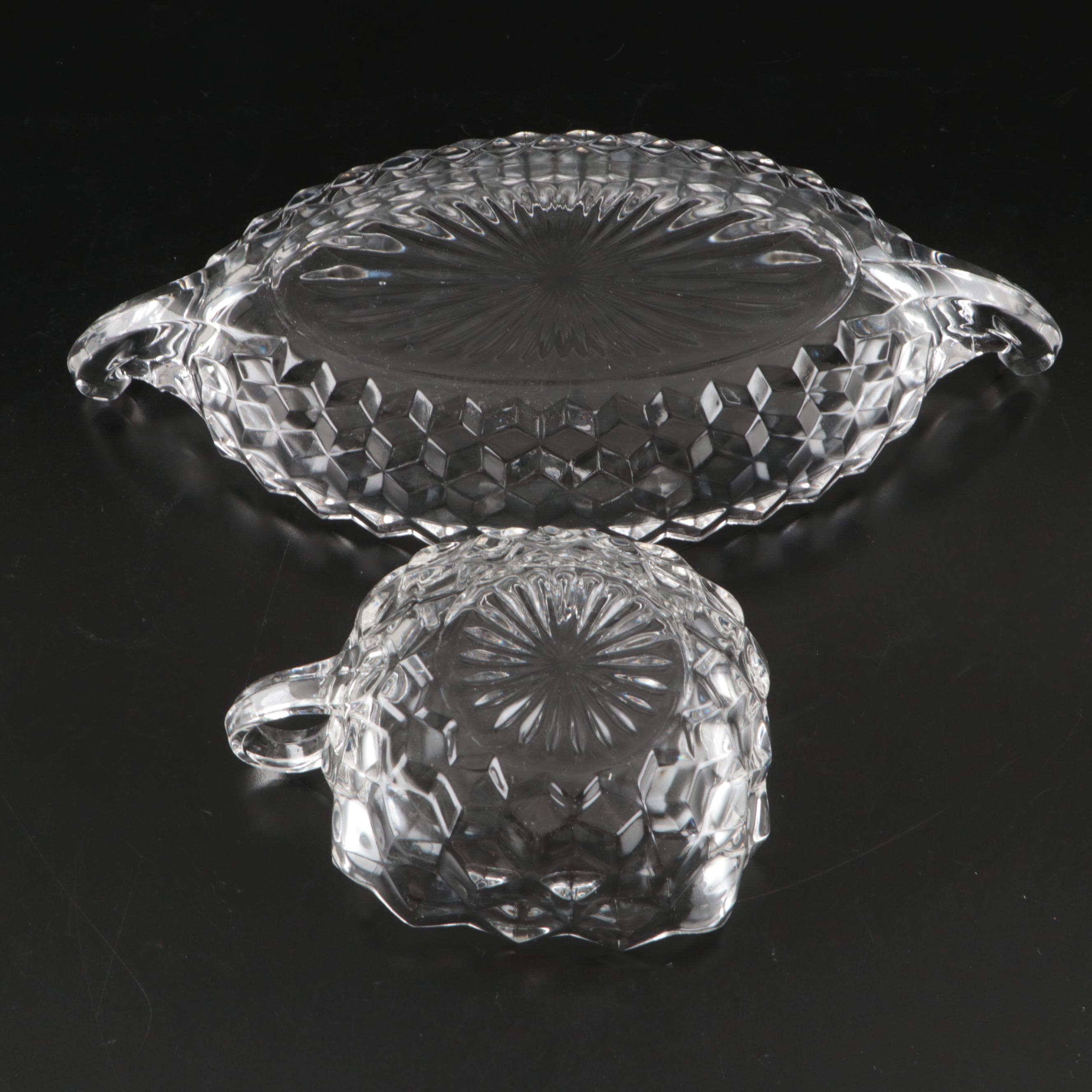 Fostoria "American" Clear Glass Serveware, Vase, and Candlesticks, 20th Century