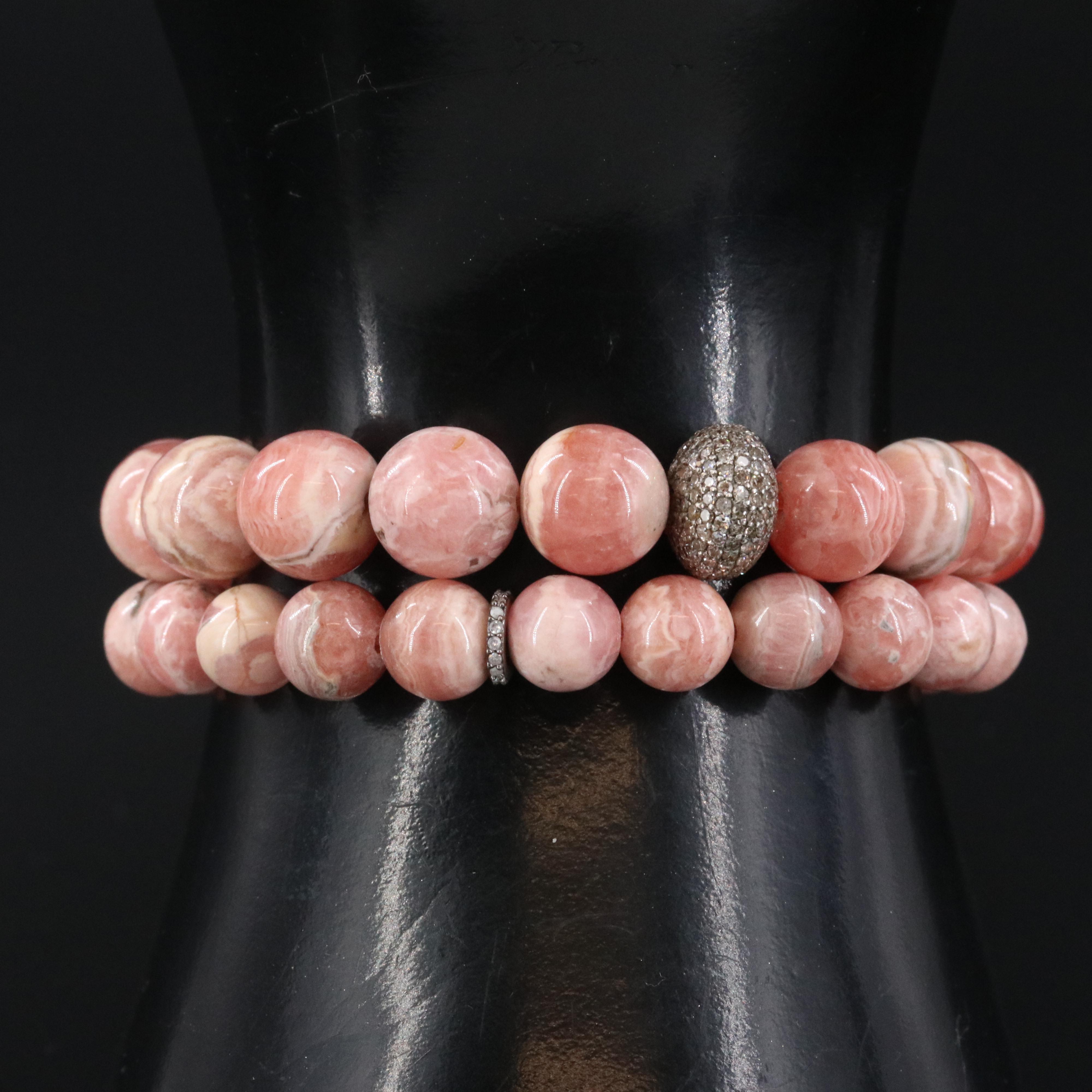 Sheryl Lowe Sterling Rhodochrosite Bracelets with Pavé Diamond Bead Accents