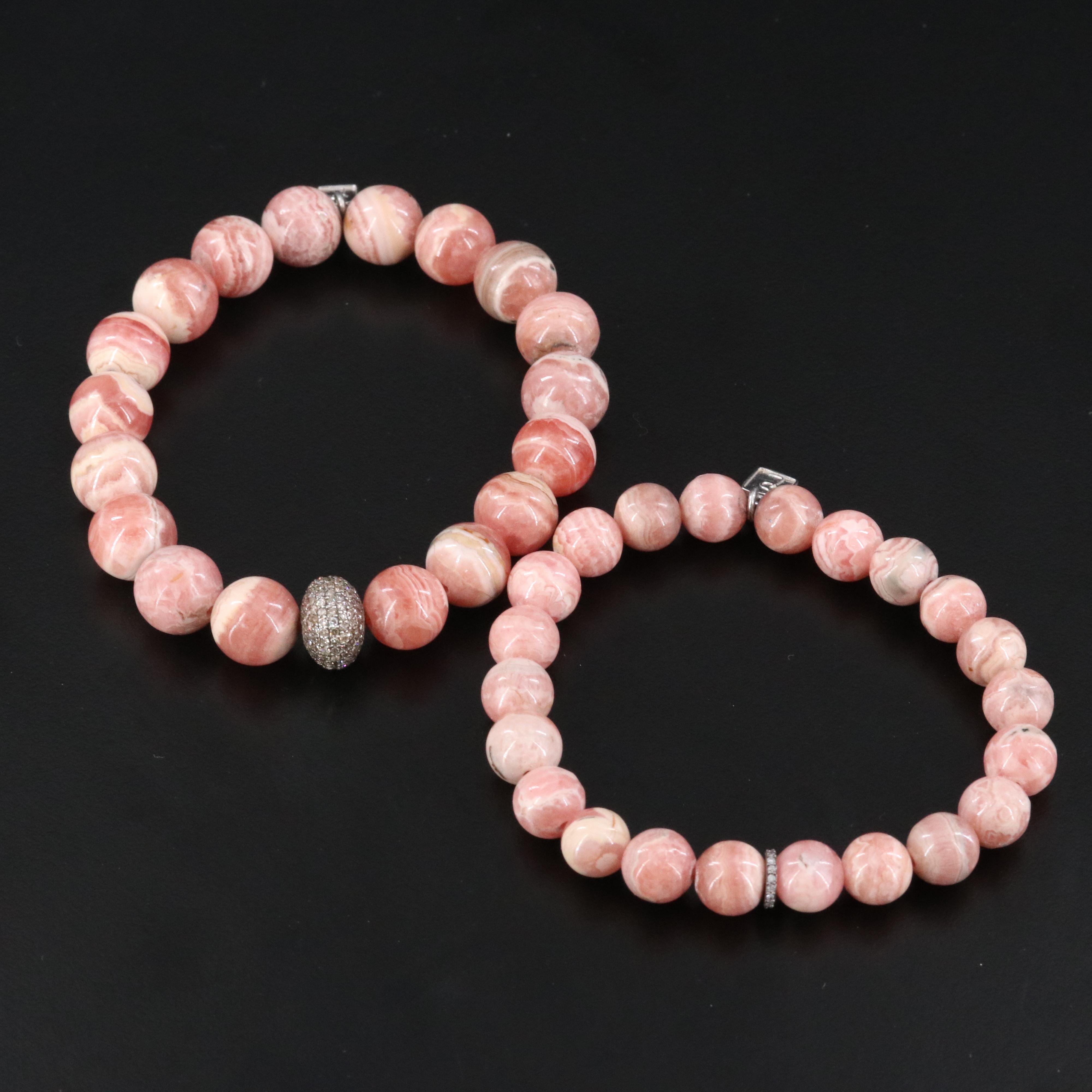 Sheryl Lowe Sterling Rhodochrosite Bracelets with Pavé Diamond Bead Accents