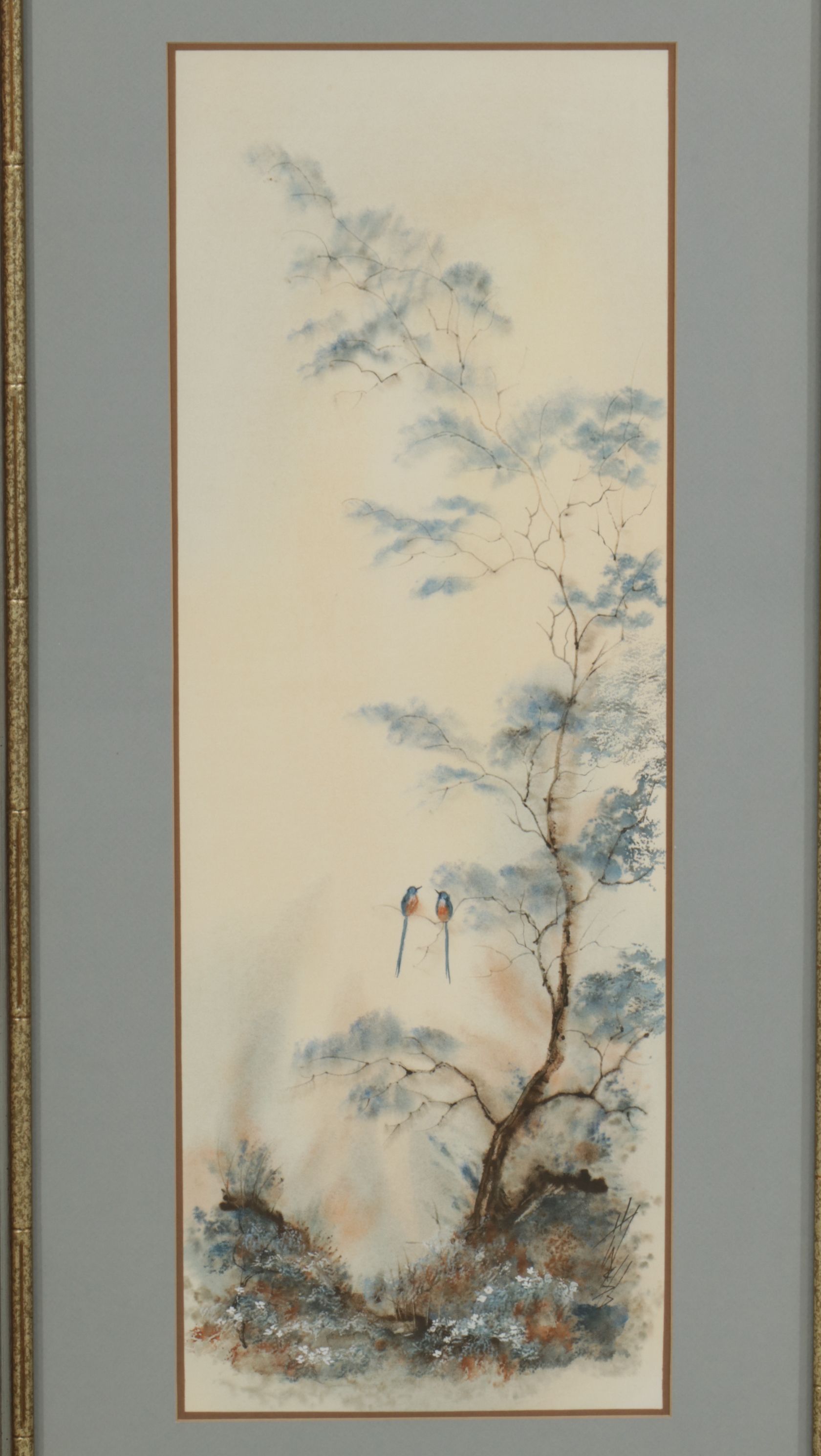 Chinese Watercolor and Ink Wash Diptych of a Garden Scene with Perched Birds