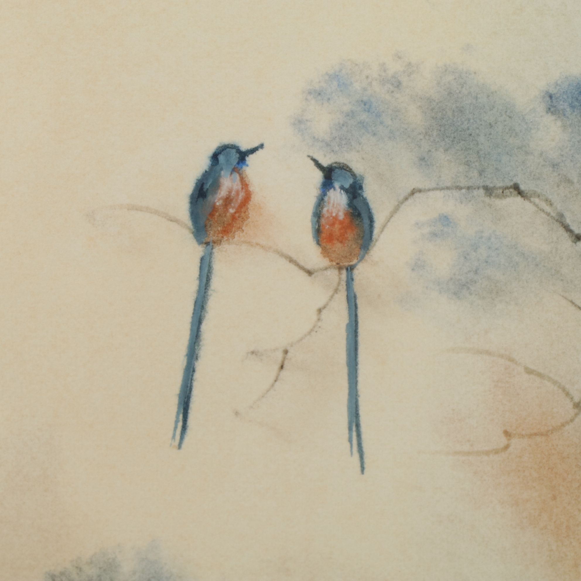 Chinese Watercolor and Ink Wash Diptych of a Garden Scene with Perched Birds