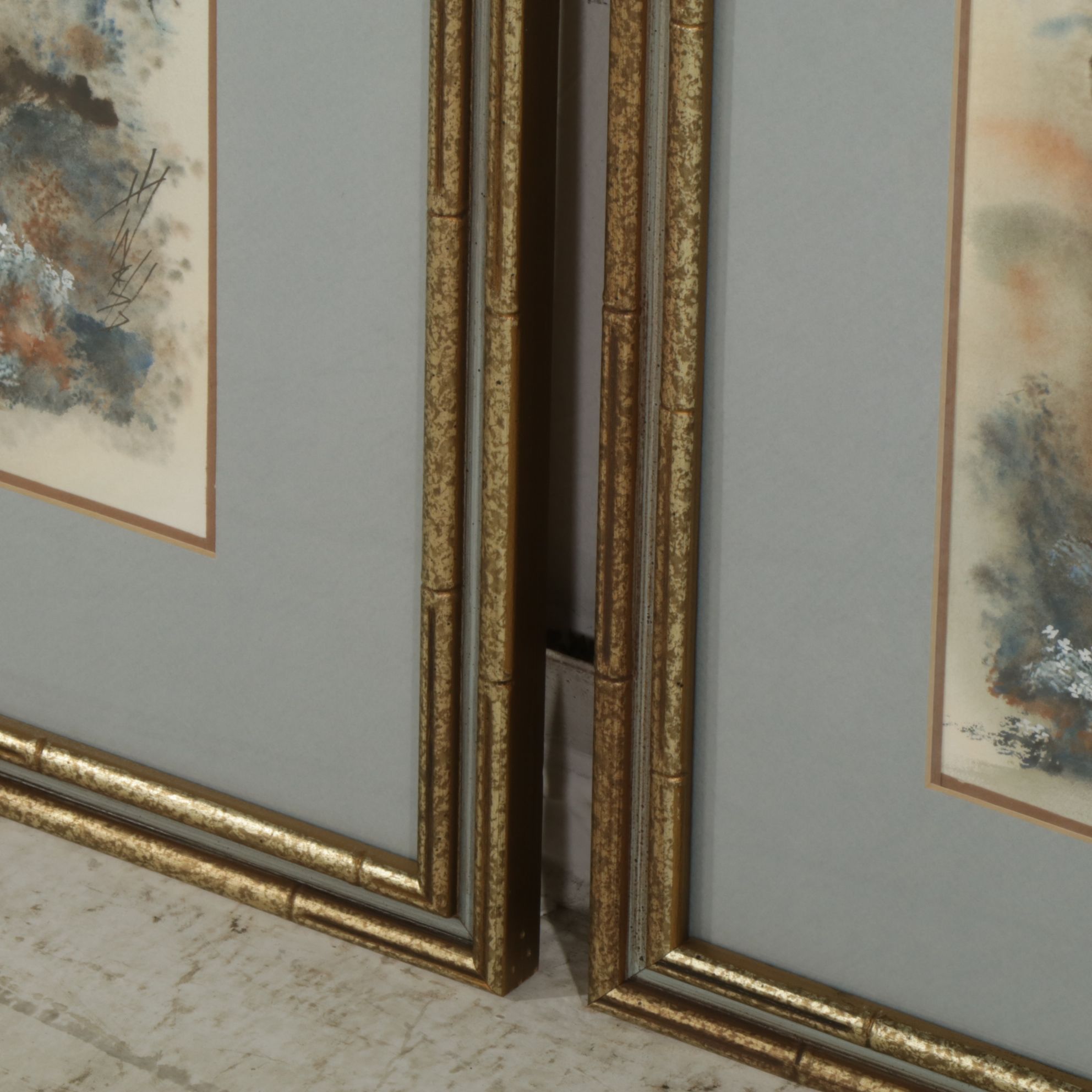 Chinese Watercolor and Ink Wash Diptych of a Garden Scene with Perched Birds