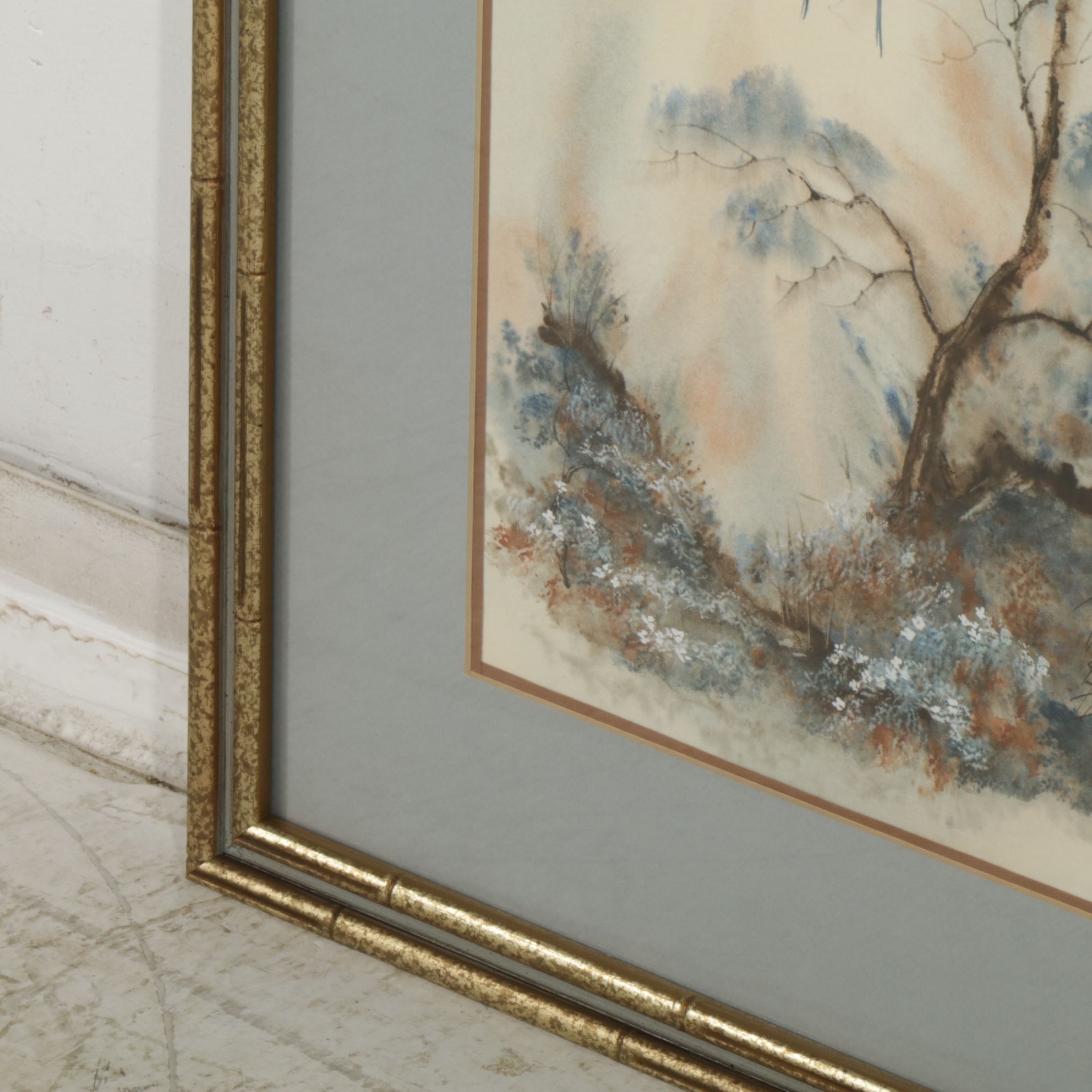 Chinese Watercolor and Ink Wash Diptych of a Garden Scene with Perched Birds