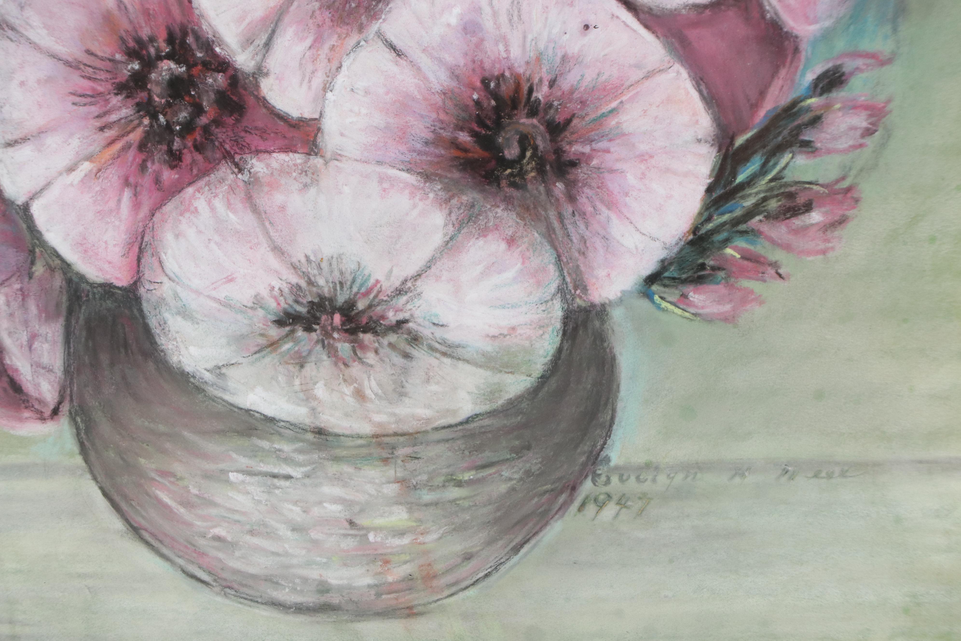 Evelyn K. Meek Floral Still Life Oil Pastel Drawing, 1947