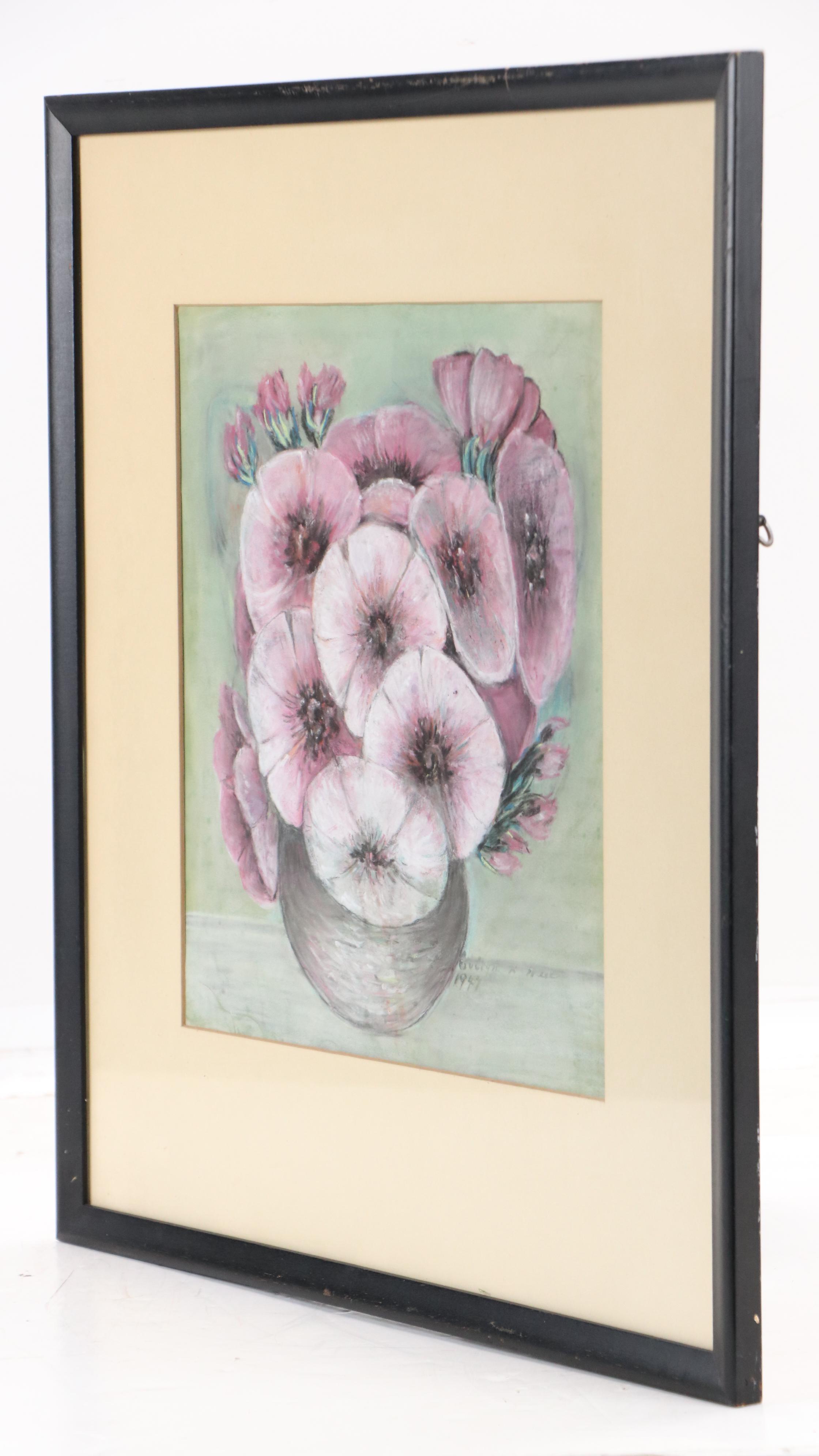Evelyn K. Meek Floral Still Life Oil Pastel Drawing, 1947