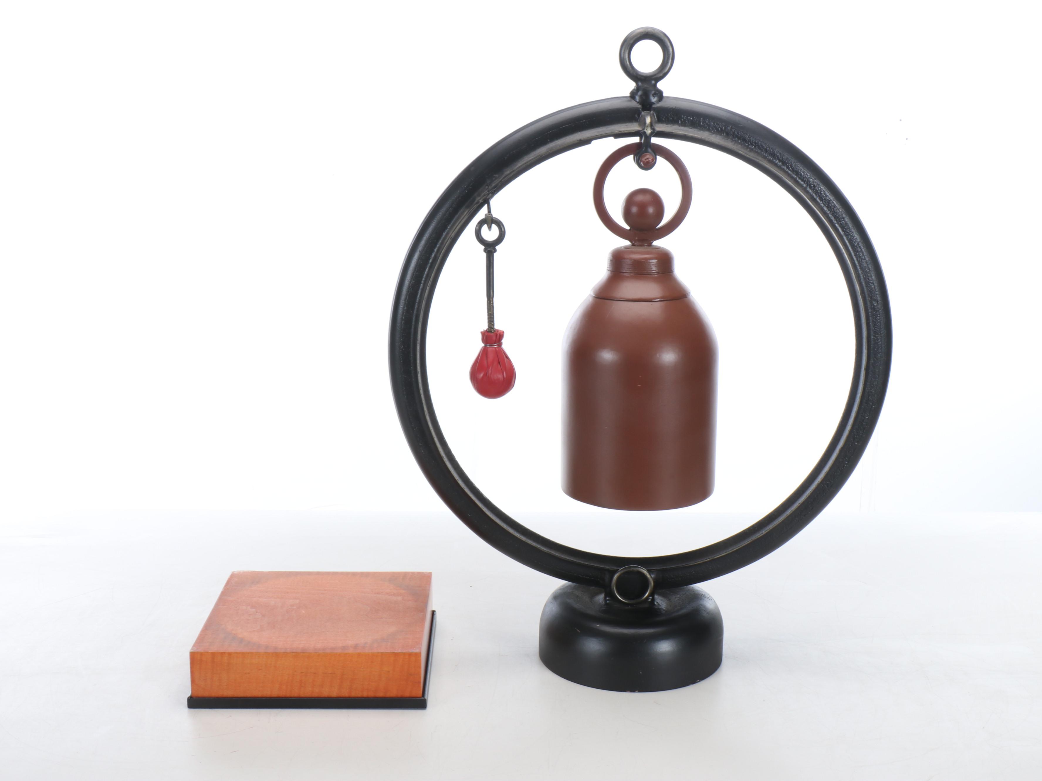 Asian Cast Iron Meditation Gong Bell on Wrought Iron Stand